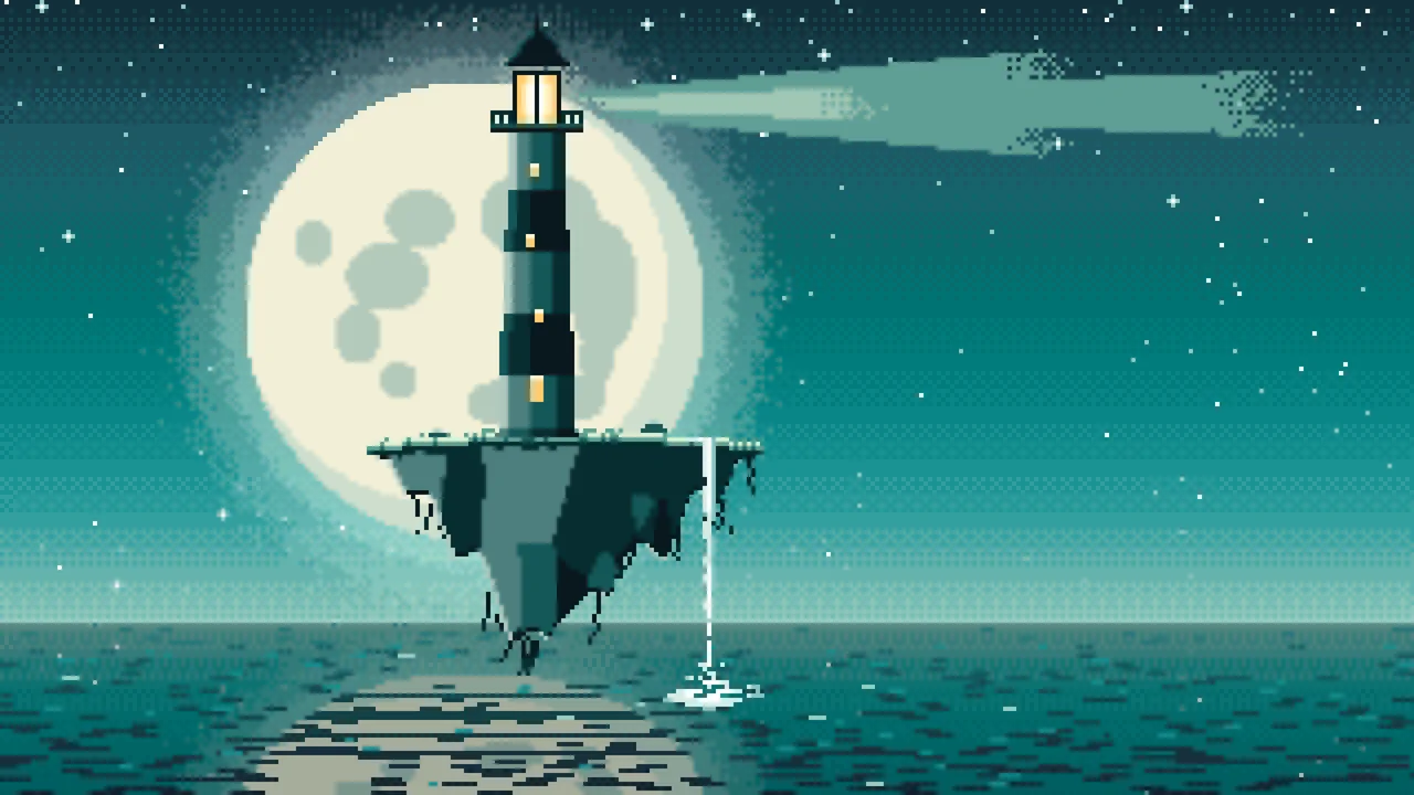 Teal Pixel Art Surreal Lighthouse on a Floating Island desktop wallpaper in 4K