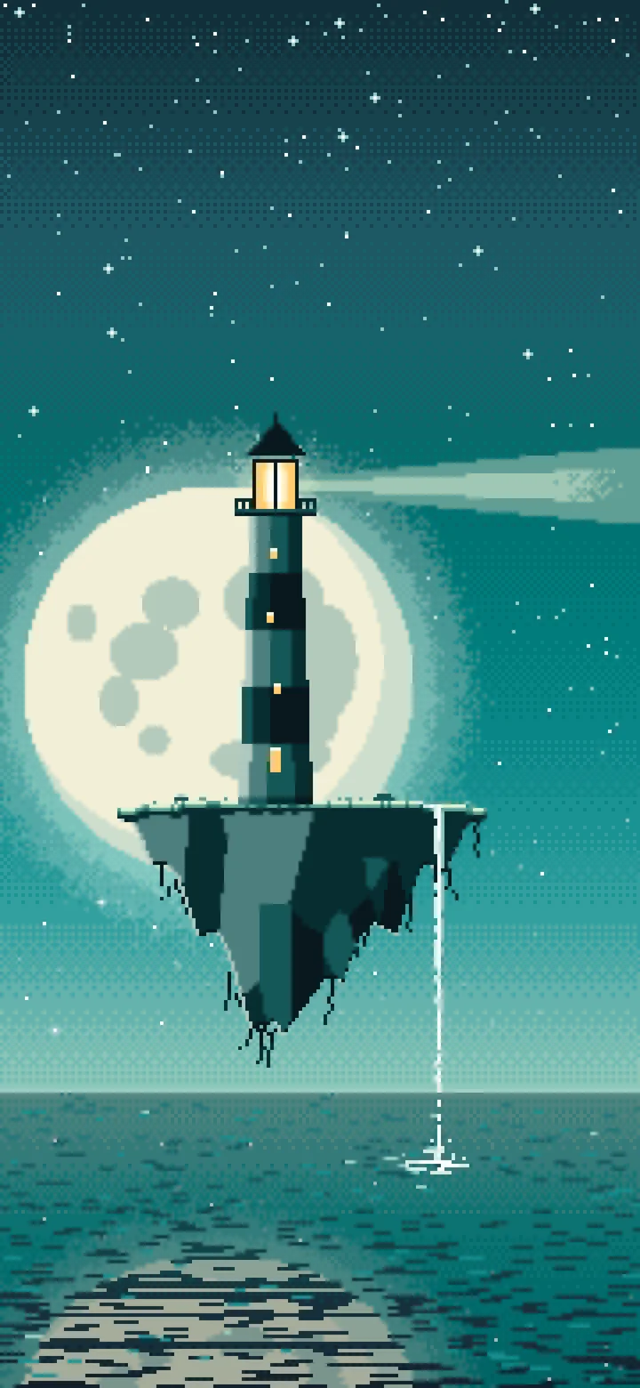 Teal Pixel Art Surreal Lighthouse on a Floating Island wallpaper for iPhone and Android