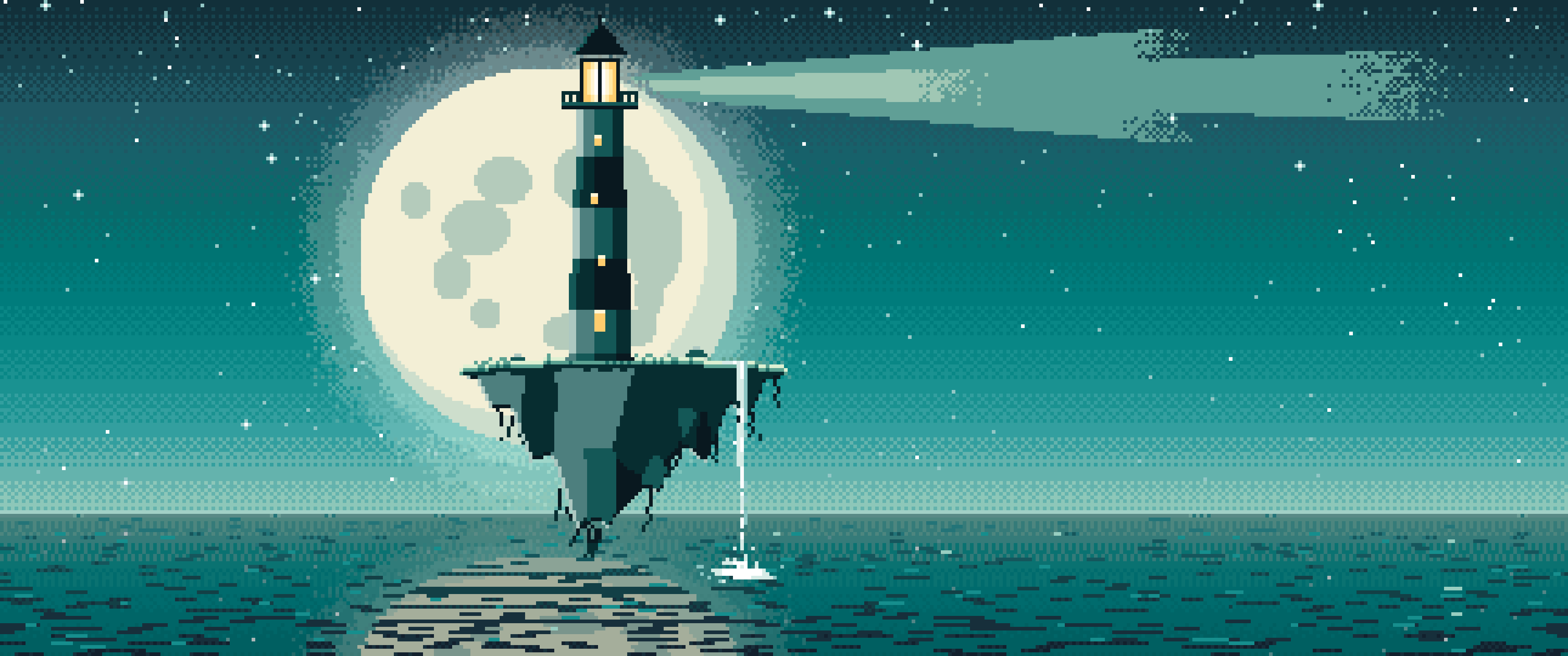 Teal Pixel Art Surreal Lighthouse on a Floating Island ultrawide wallpaper, 3440 × 1440
