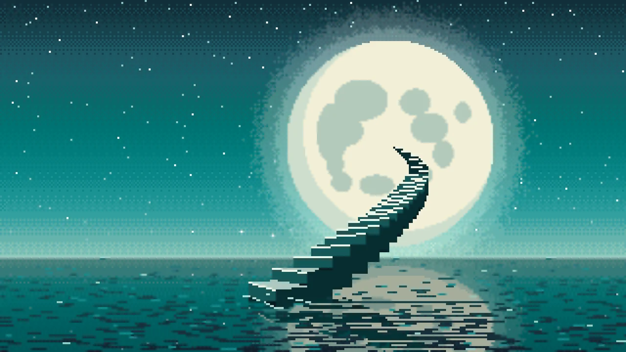 Teal Pixel Art Surreal Stairway to the Moon desktop wallpaper in 4K