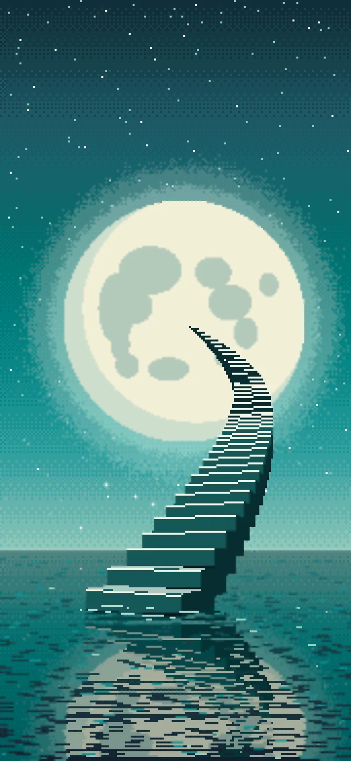 Teal Pixel Art Surreal Stairway to the Moon wallpaper for iPhone and Android