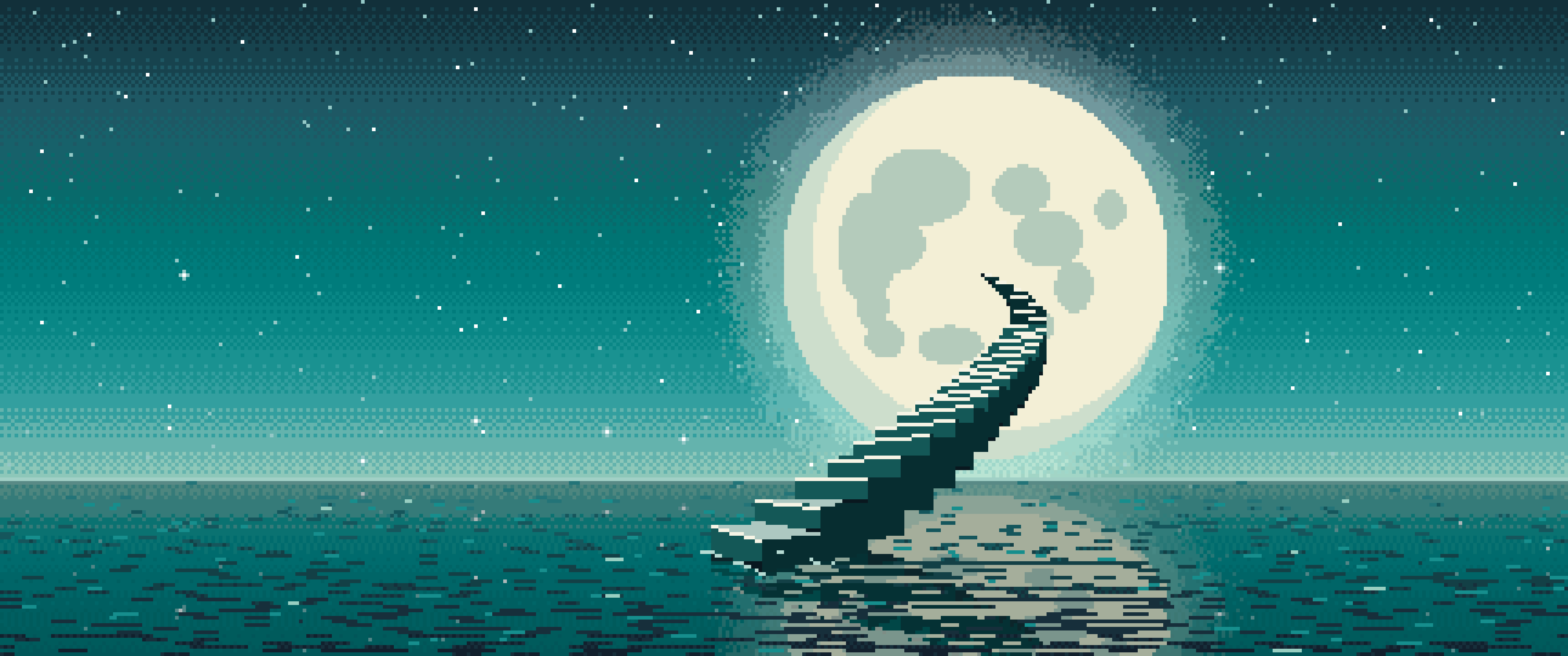 Teal Pixel Art Surreal Stairway to the Moon ultrawide wallpaper, 3440 × 1440