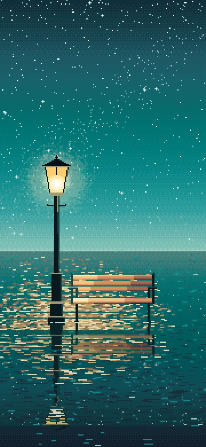 Teal Pixel Art Surreal Street Lamp and Bench on the Sea wallpaper for iPhone and Android
