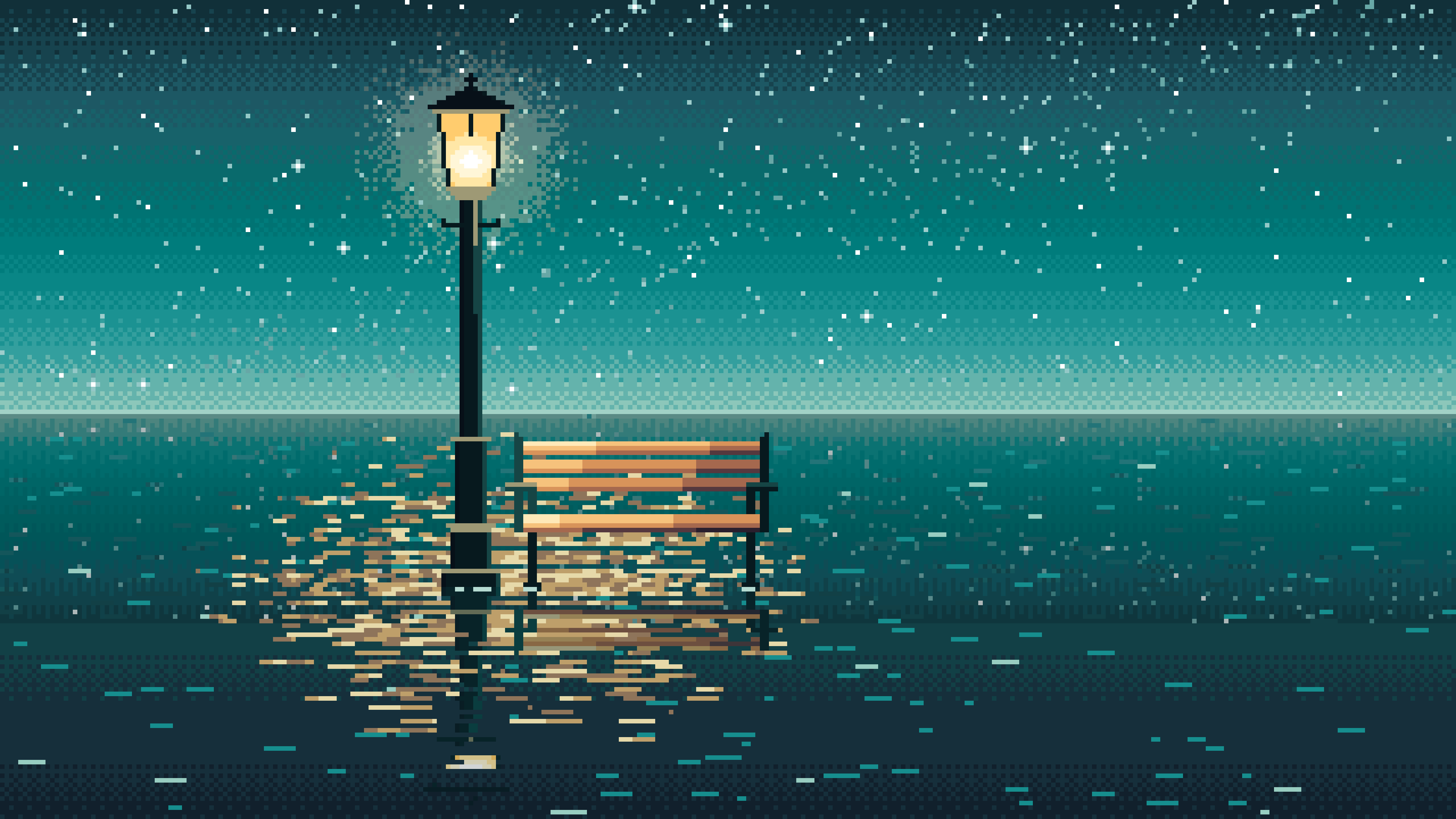 Teal Pixel Art Surreal Street Lamp and Bench on the Sea desktop wallpaper in 4K