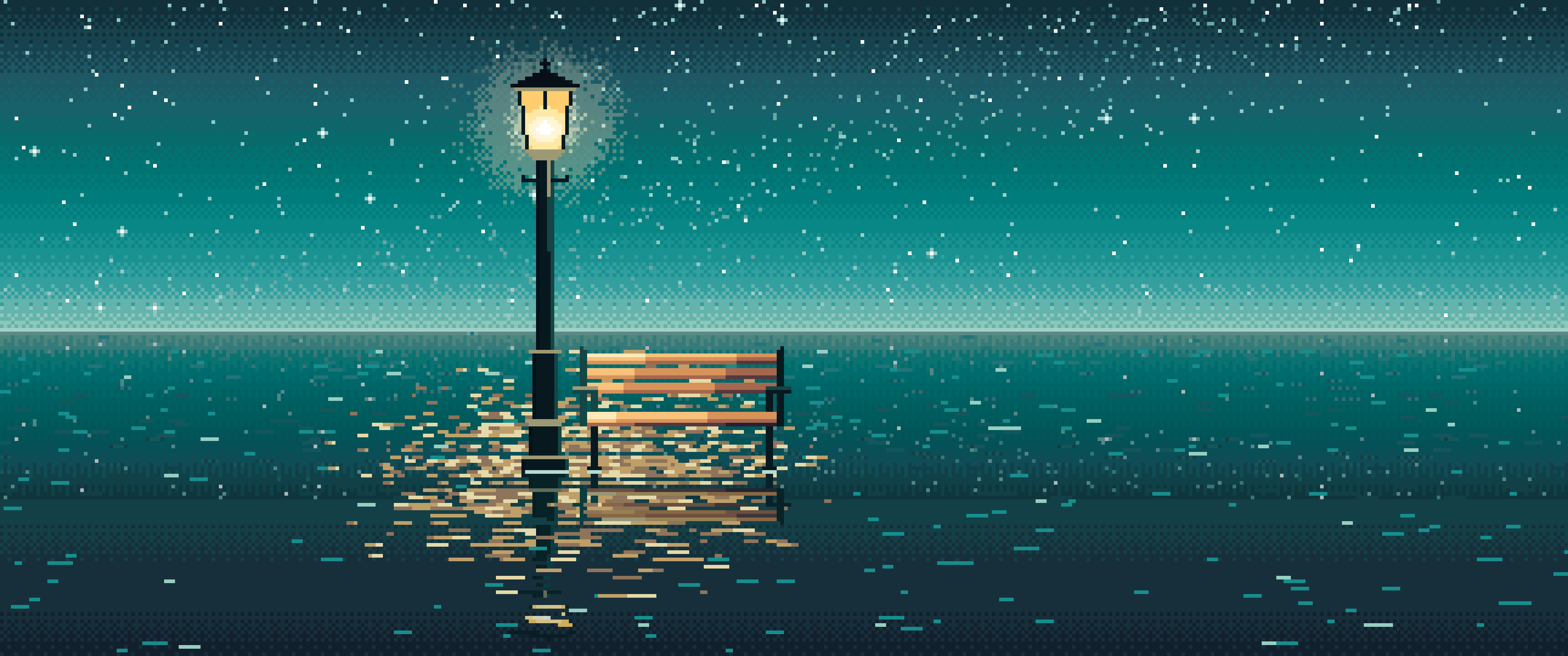 Teal Pixel Art Surreal Street Lamp and Bench on the Sea ultrawide wallpaper, 3440 × 1440