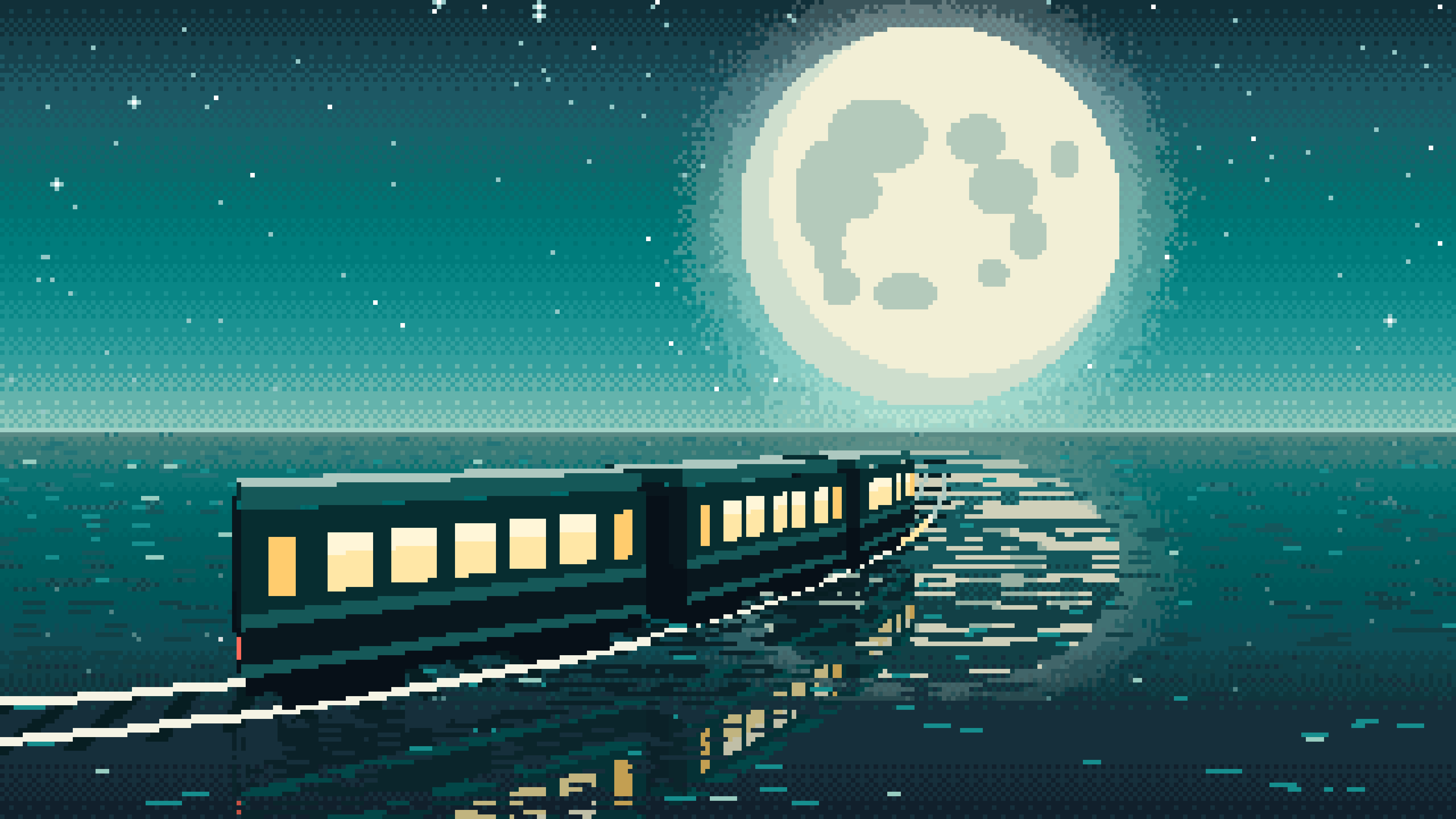 Teal Pixel Art Surreal Train Across the Sea to the Moon desktop wallpaper in 4K