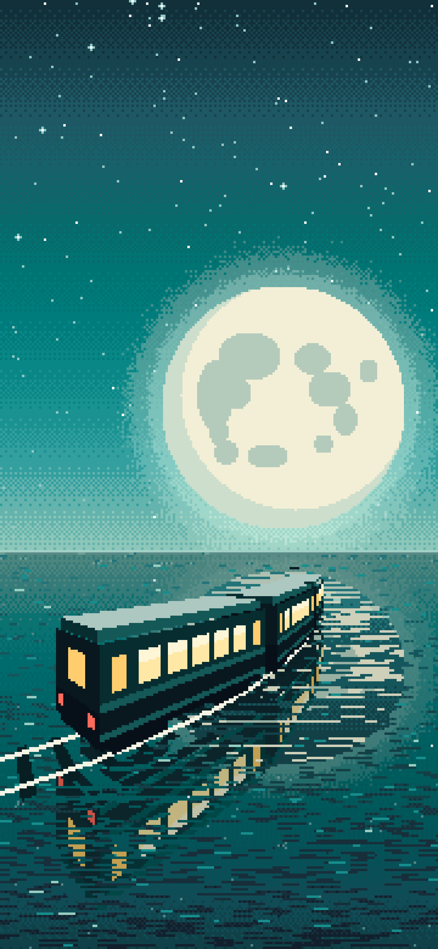 Teal Pixel Art Surreal Train Across the Sea to the Moon wallpaper for iPhone and Android
