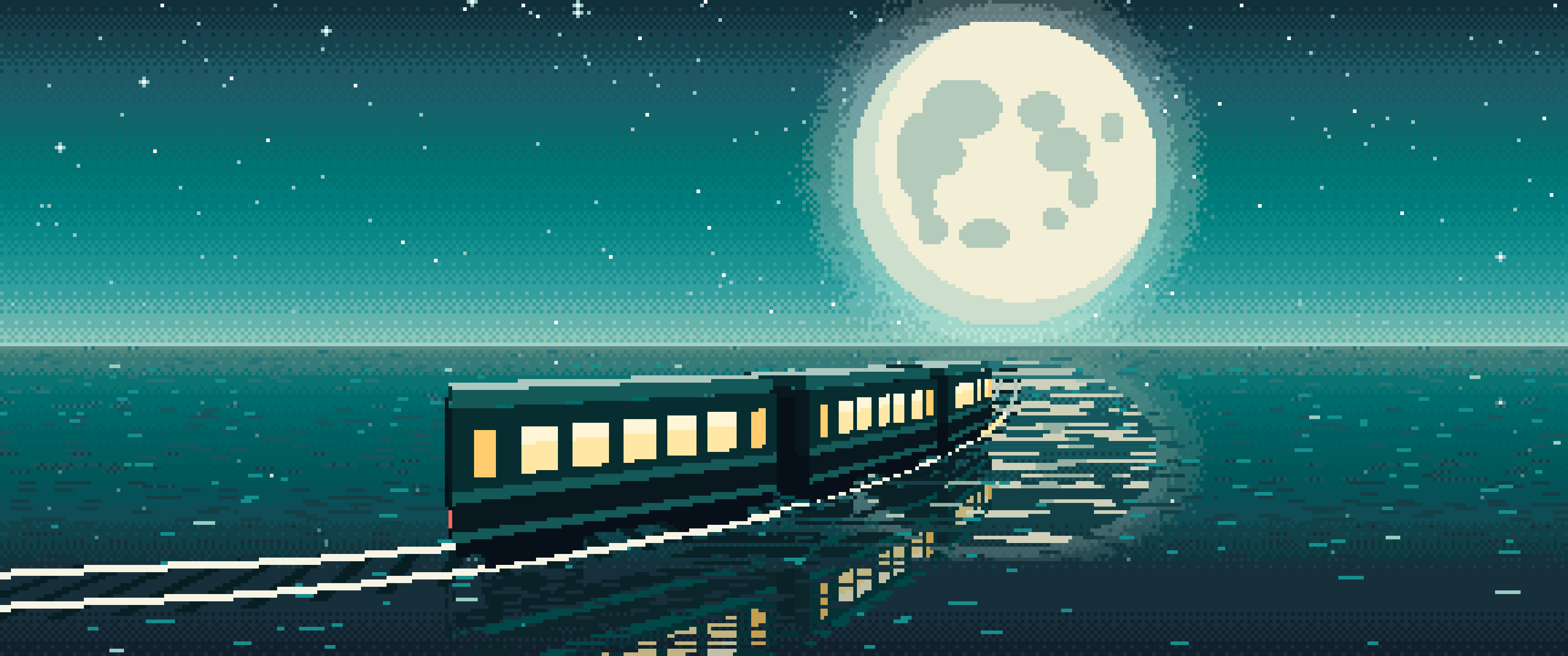 Teal Pixel Art Surreal Train Across the Sea to the Moon ultrawide wallpaper, 3440 × 1440