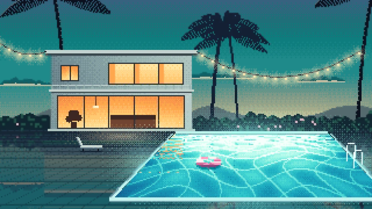 Teal Pixel Art Swimming Pool at Dusk desktop wallpaper in 4K