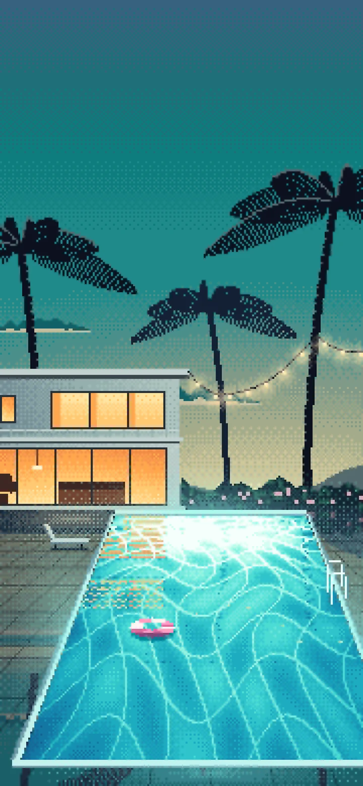 Teal Pixel Art Swimming Pool at Dusk wallpaper for iPhone and Android