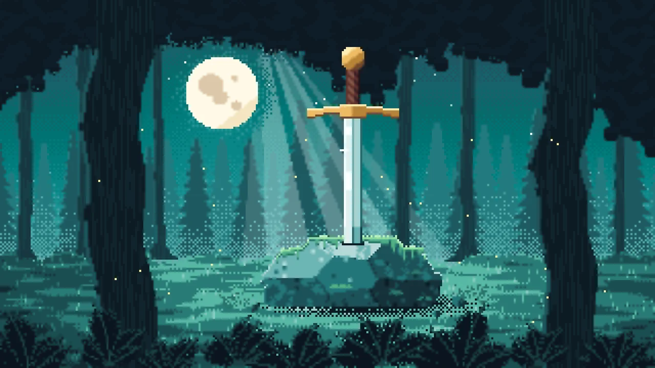 Teal Pixel Art Sword in a Forest Clearing at Night desktop wallpaper in 4K