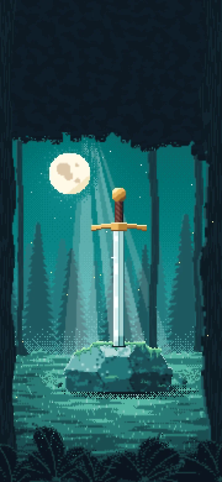 Teal Pixel Art Sword in a Forest Clearing at Night wallpaper for iPhone and Android
