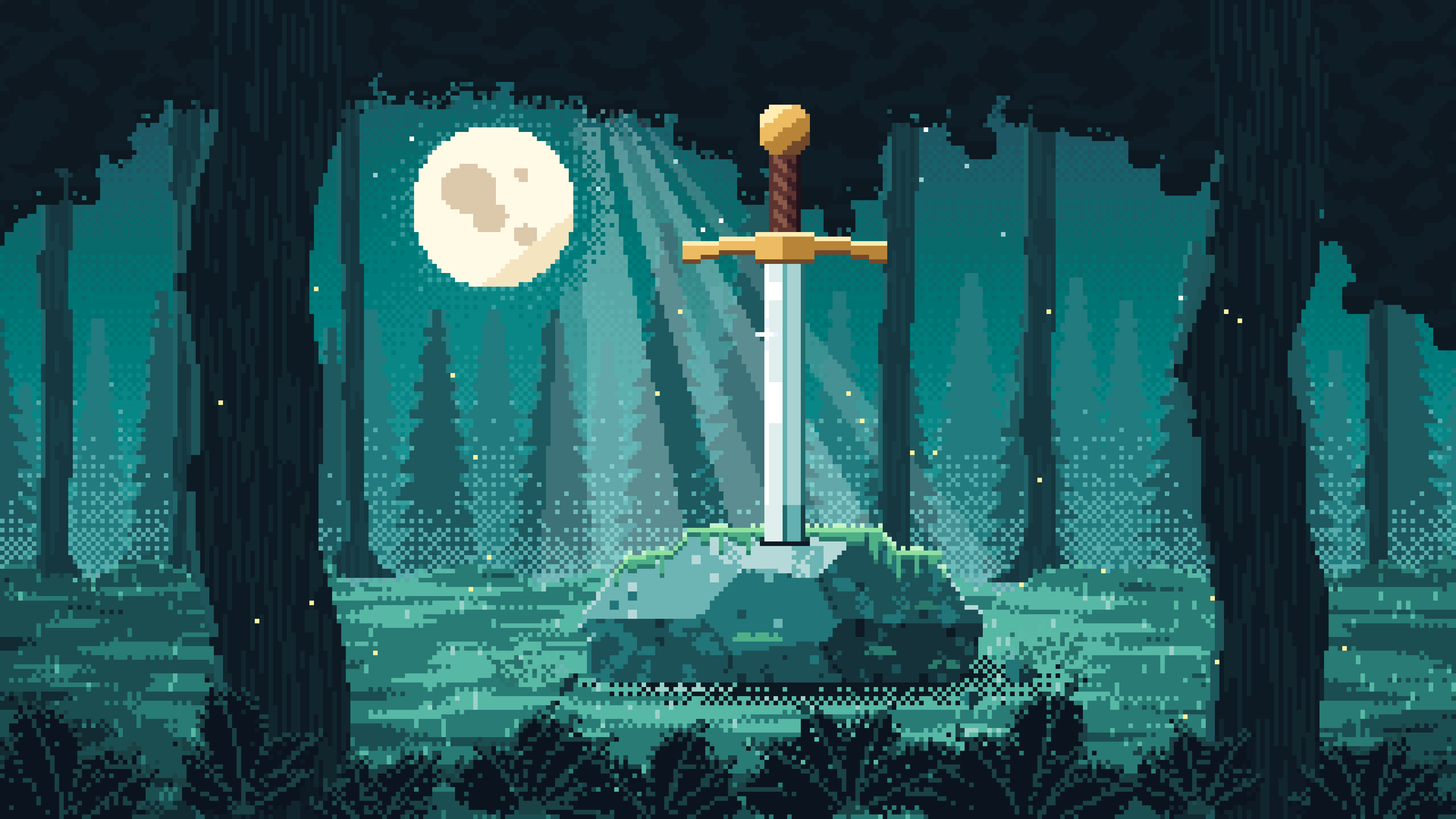 Teal Pixel Art Sword in a Forest Clearing at Night desktop wallpaper in 4K
