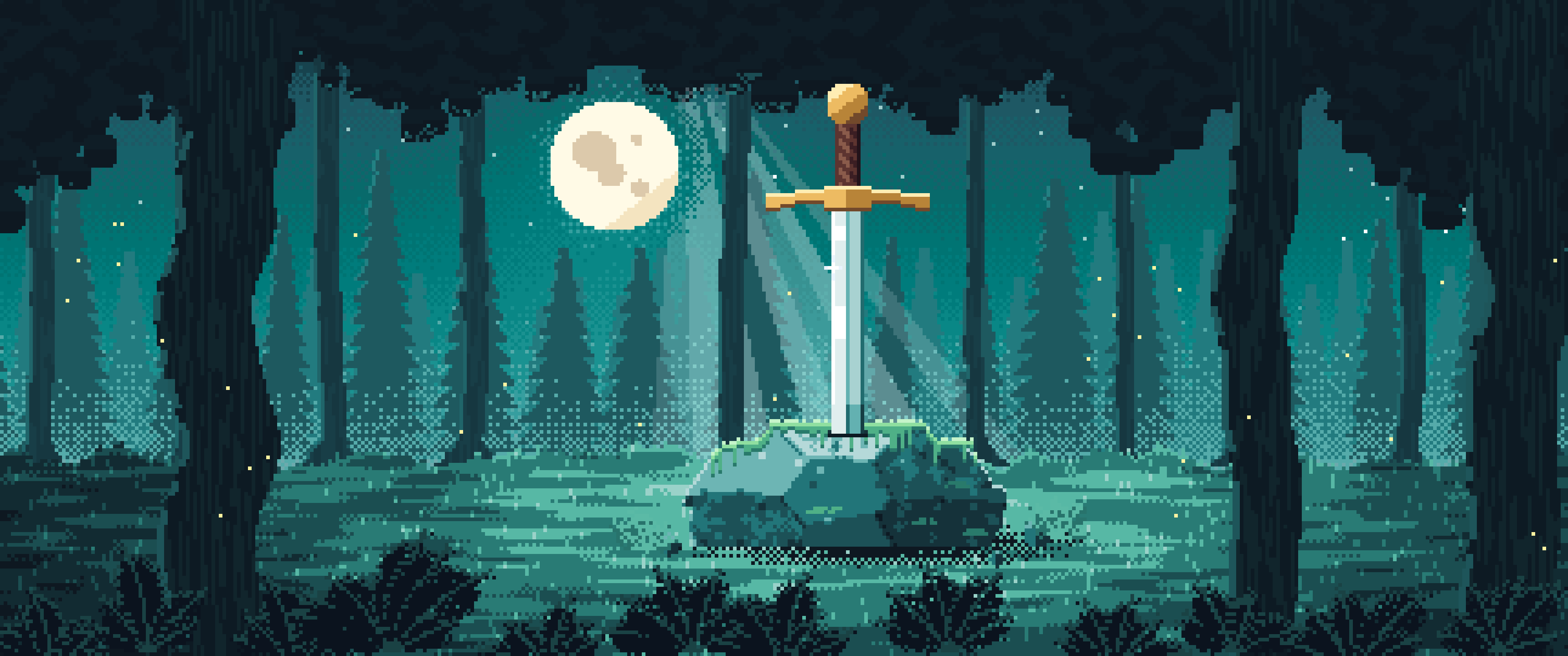 Teal Pixel Art Sword in a Forest Clearing at Night ultrawide wallpaper, 3440 × 1440