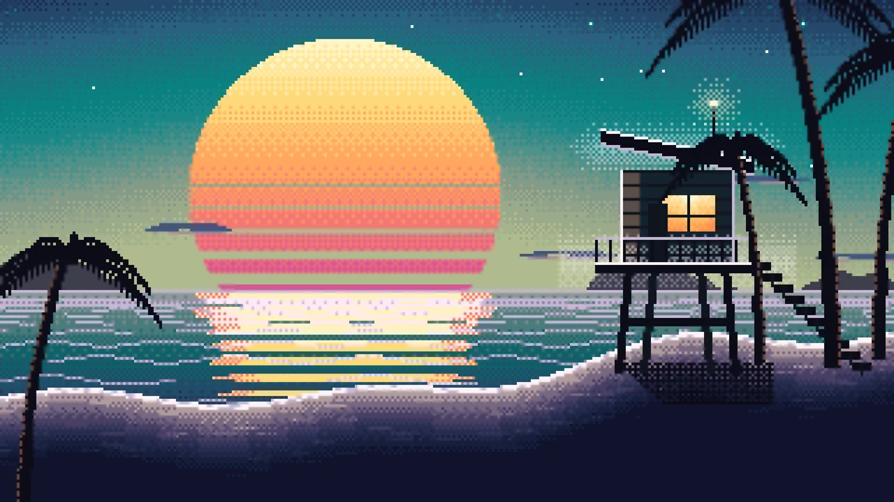 Teal Pixel Art Synthwave Beach desktop wallpaper in 4K