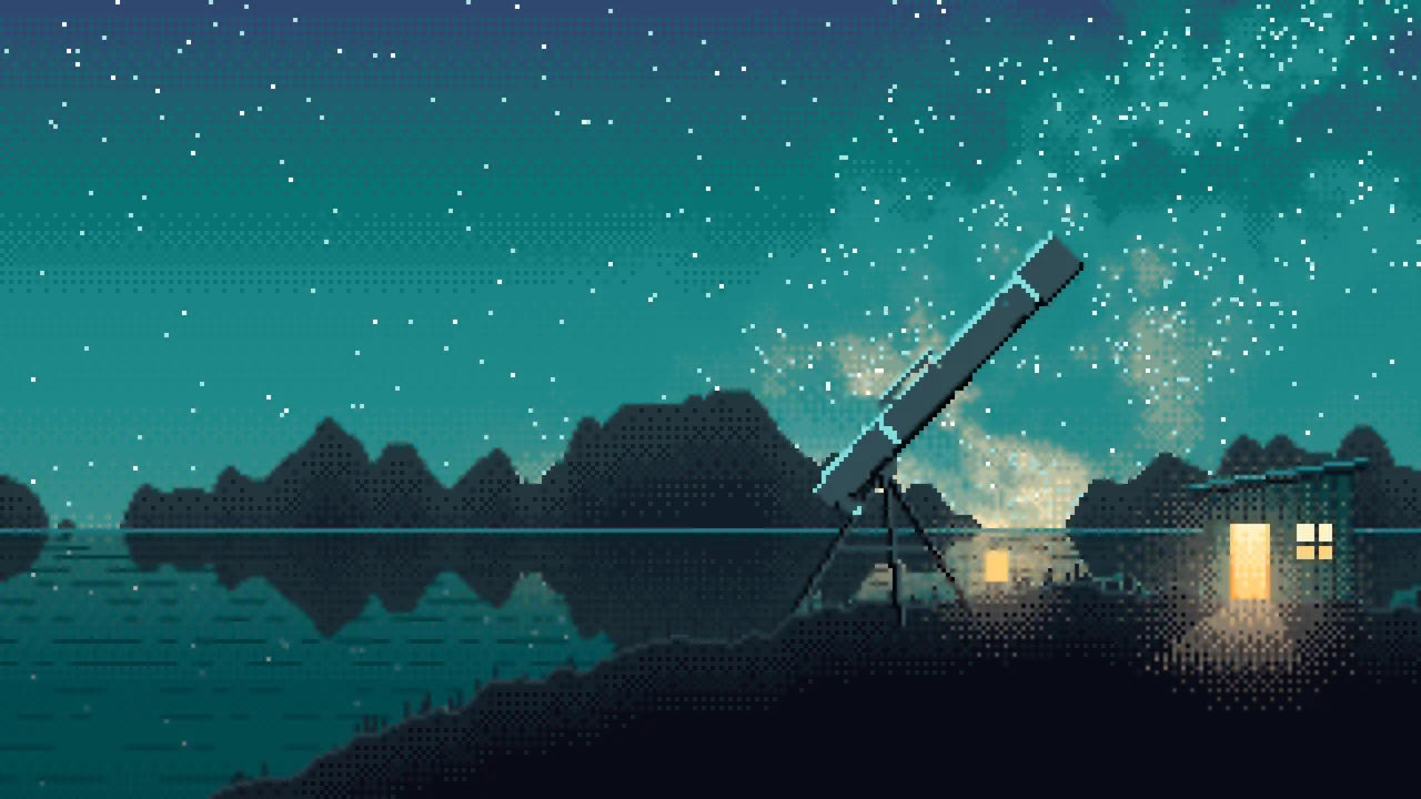 Teal Pixel Art Telescope Under the Milky Way desktop wallpaper in 4K