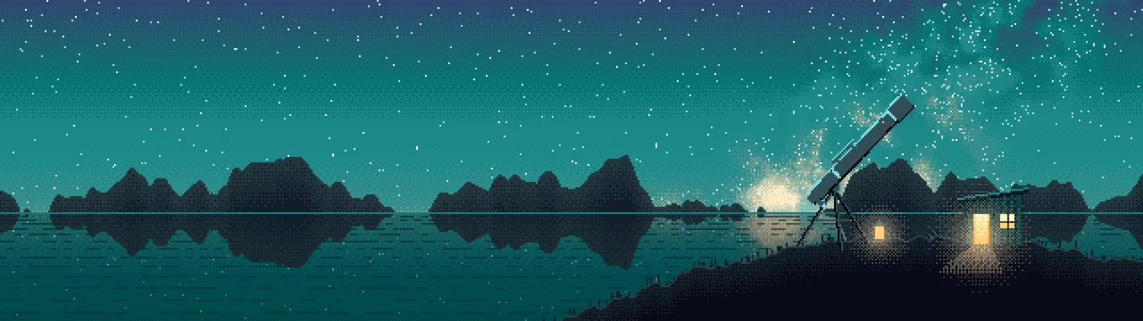 Teal Pixel Art Telescope Under the Milky Way dual monitor wallpaper, 7680 × 2160