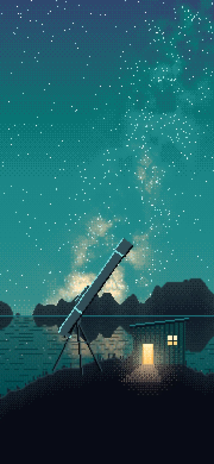 Teal Pixel Art Telescope Under the Milky Way wallpaper for iPhone and Android