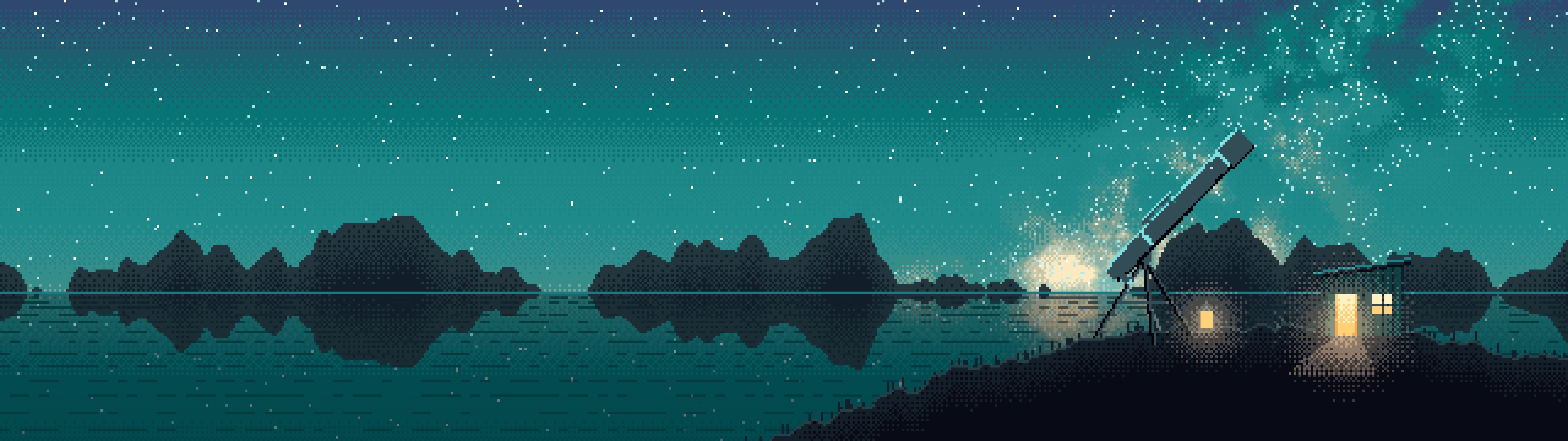 Teal Pixel Art Telescope Under the Milky Way dual monitor wallpaper, 7680 × 2160