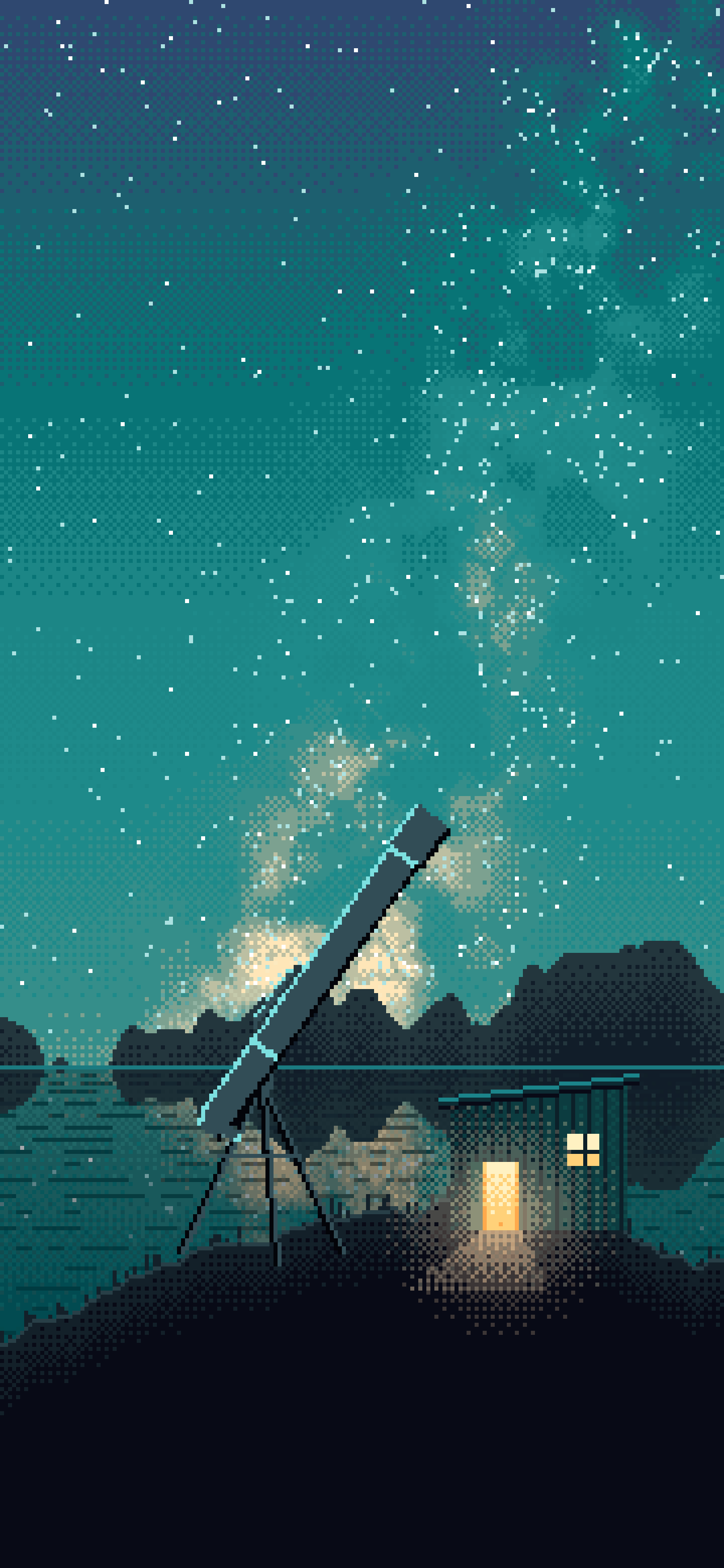 Teal Pixel Art Telescope Under the Milky Way wallpaper for iPhone and Android