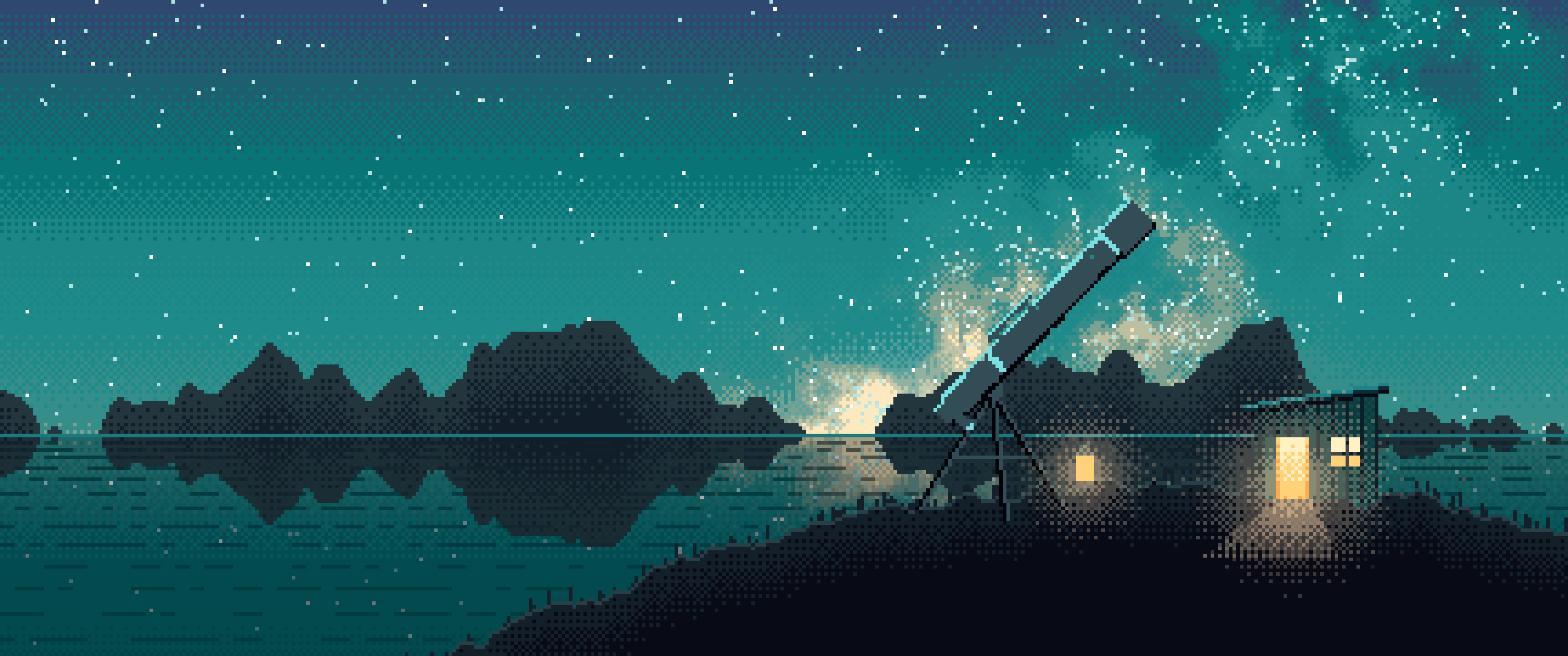 Teal Pixel Art Telescope Under the Milky Way ultrawide wallpaper, 3440 × 1440