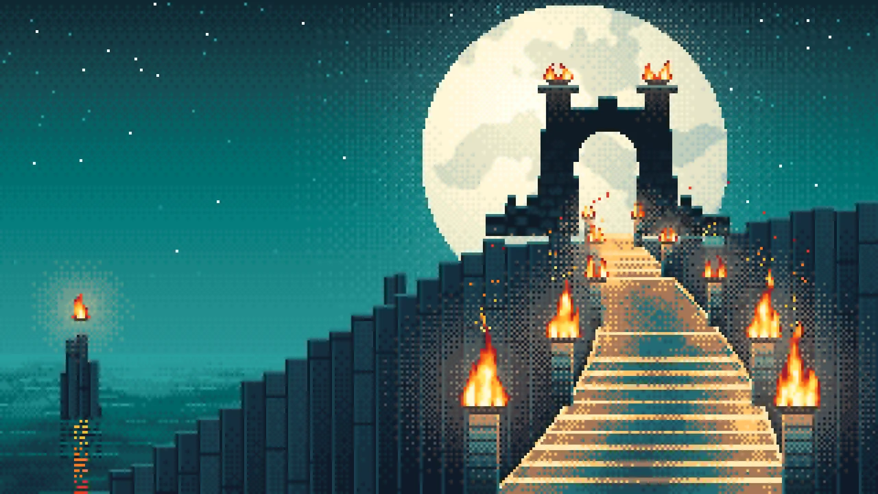 Teal Pixel Art Torch-Lit Stairway at Night desktop wallpaper in 4K
