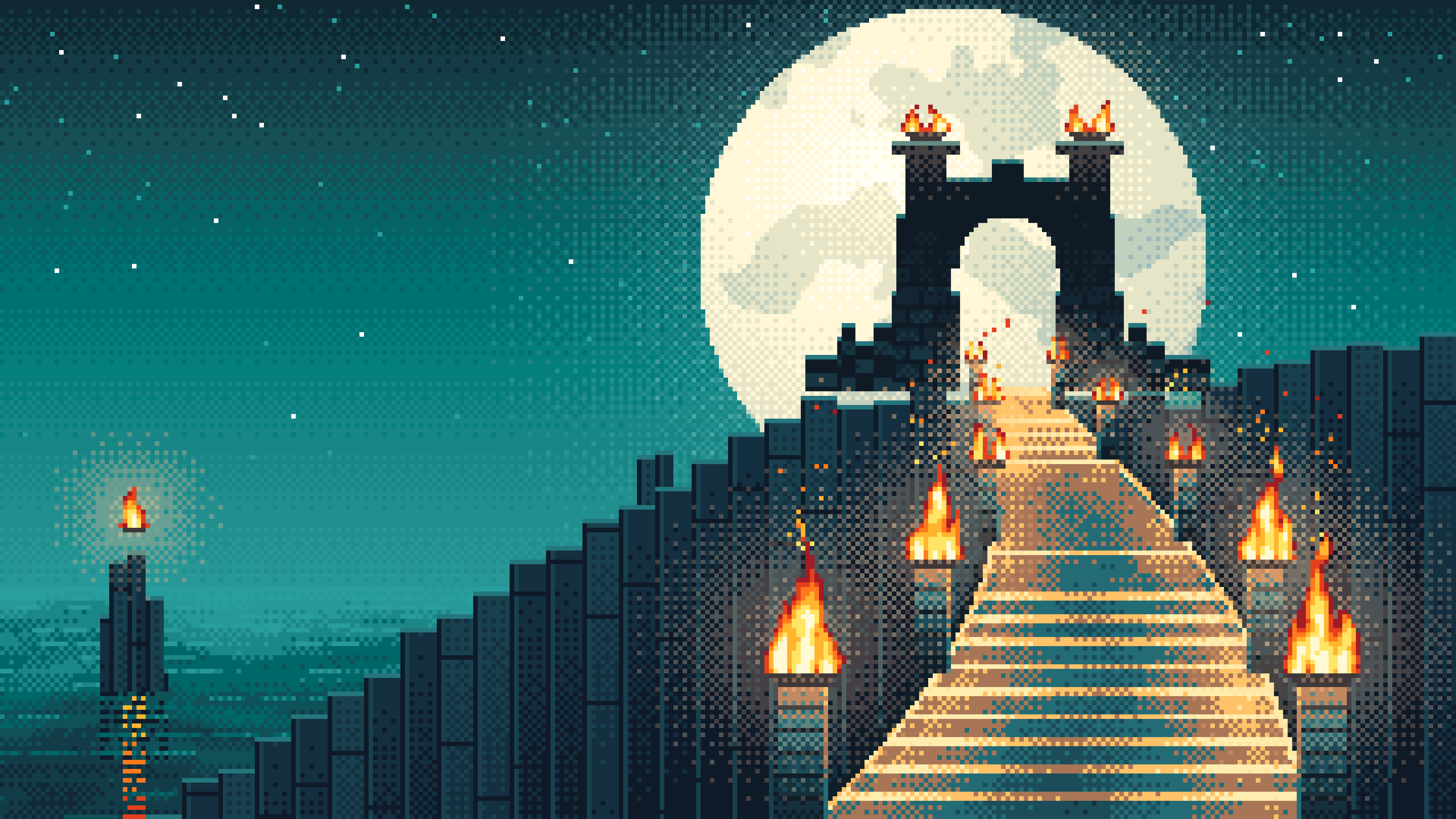 Teal Pixel Art Torch-Lit Stairway at Night desktop wallpaper in 4K