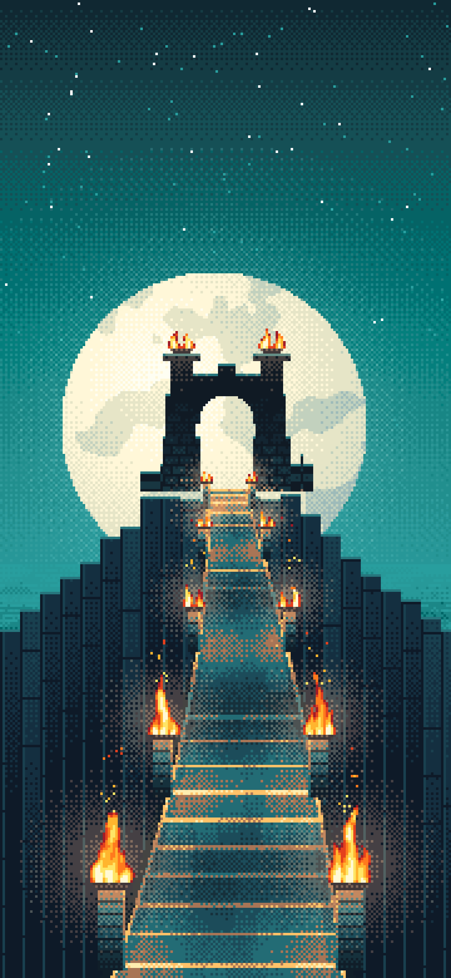 Teal Pixel Art Torch-Lit Stairway at Night wallpaper for iPhone and Android