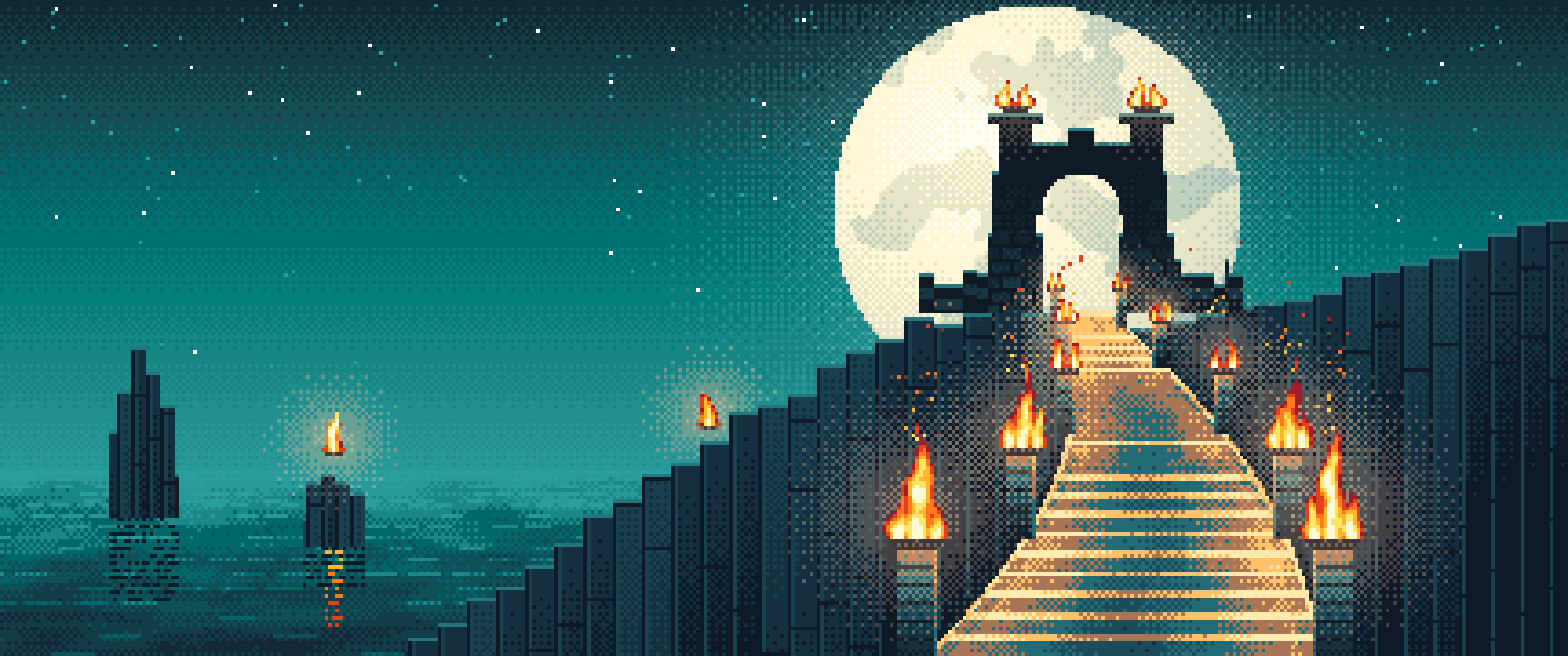 Teal Pixel Art Torch-Lit Stairway at Night ultrawide wallpaper, 3440 × 1440