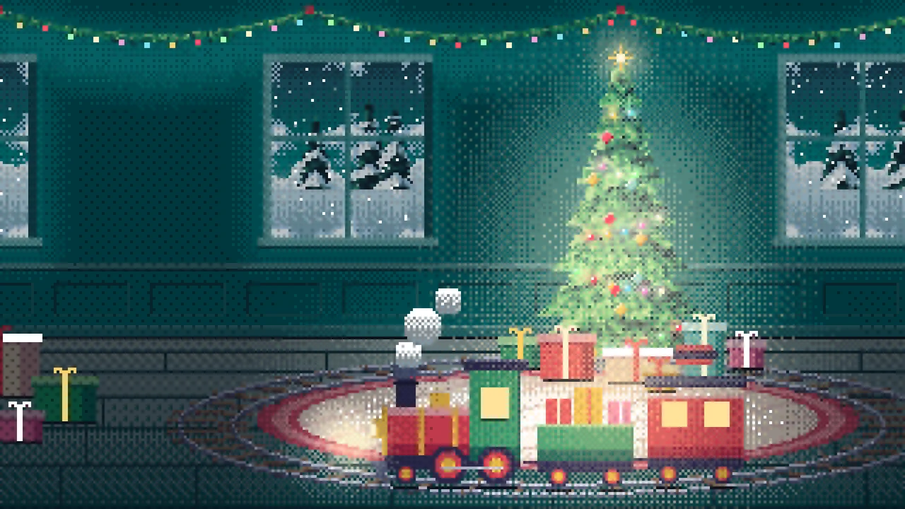 Teal Pixel Art Toy Train Around the Christmas Tree desktop wallpaper in 4K