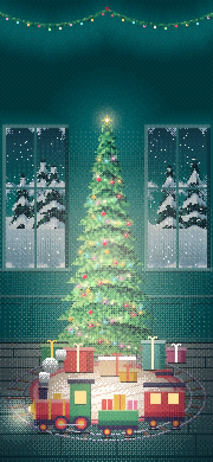 Teal Pixel Art Toy Train Around the Christmas Tree wallpaper for iPhone and Android