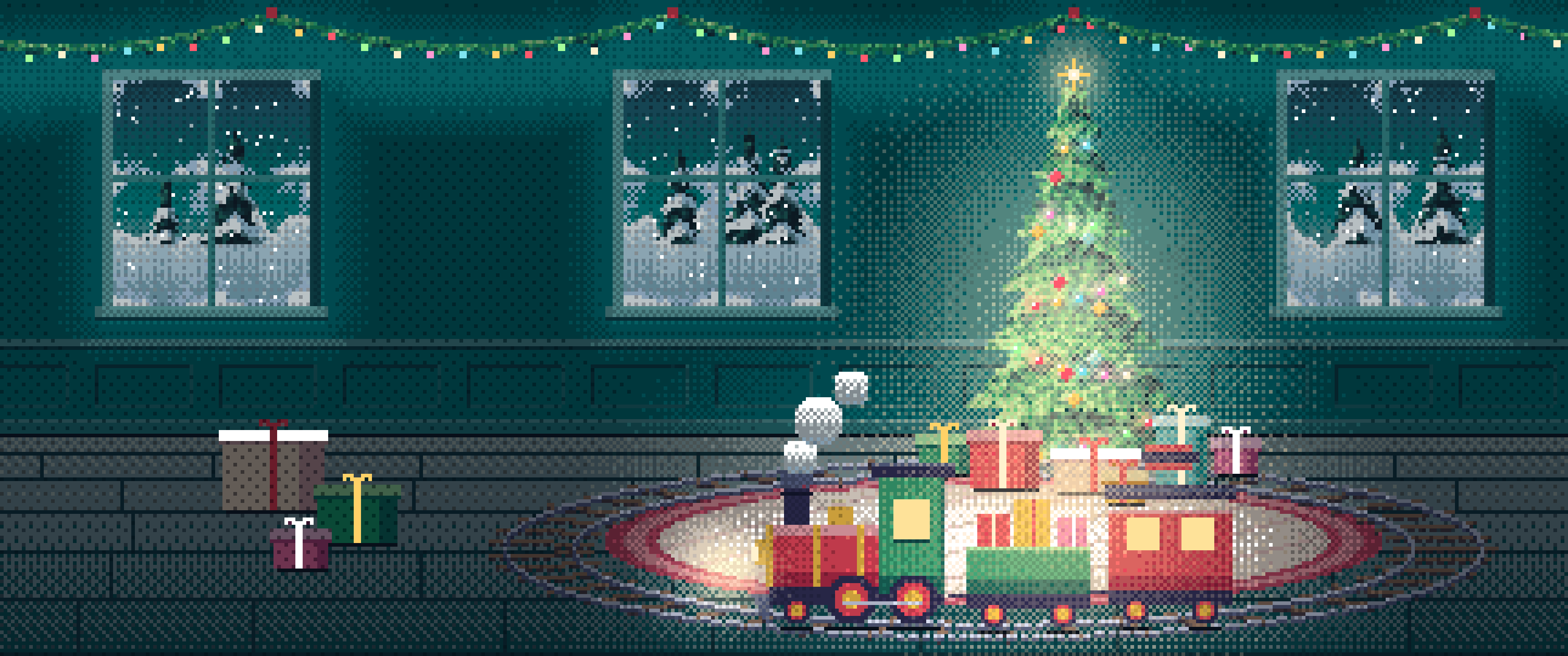 Teal Pixel Art Toy Train Around the Christmas Tree ultrawide wallpaper, 3440 × 1440