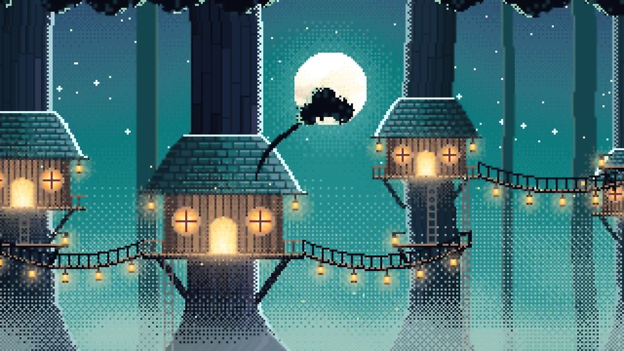 Teal Pixel Art Treehouse in a Fantasy Forest desktop wallpaper in 4K