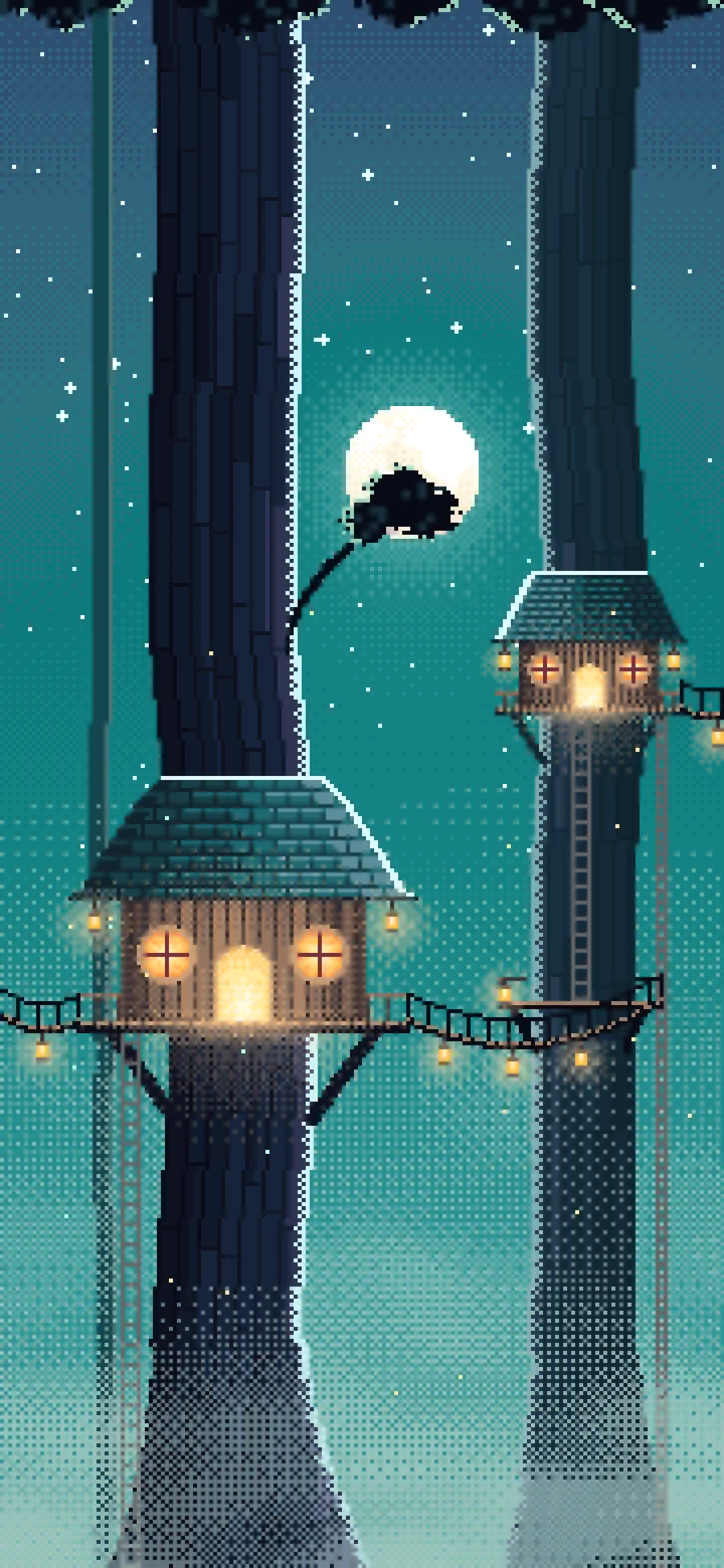 Teal Pixel Art Treehouse in a Fantasy Forest wallpaper for iPhone and Android