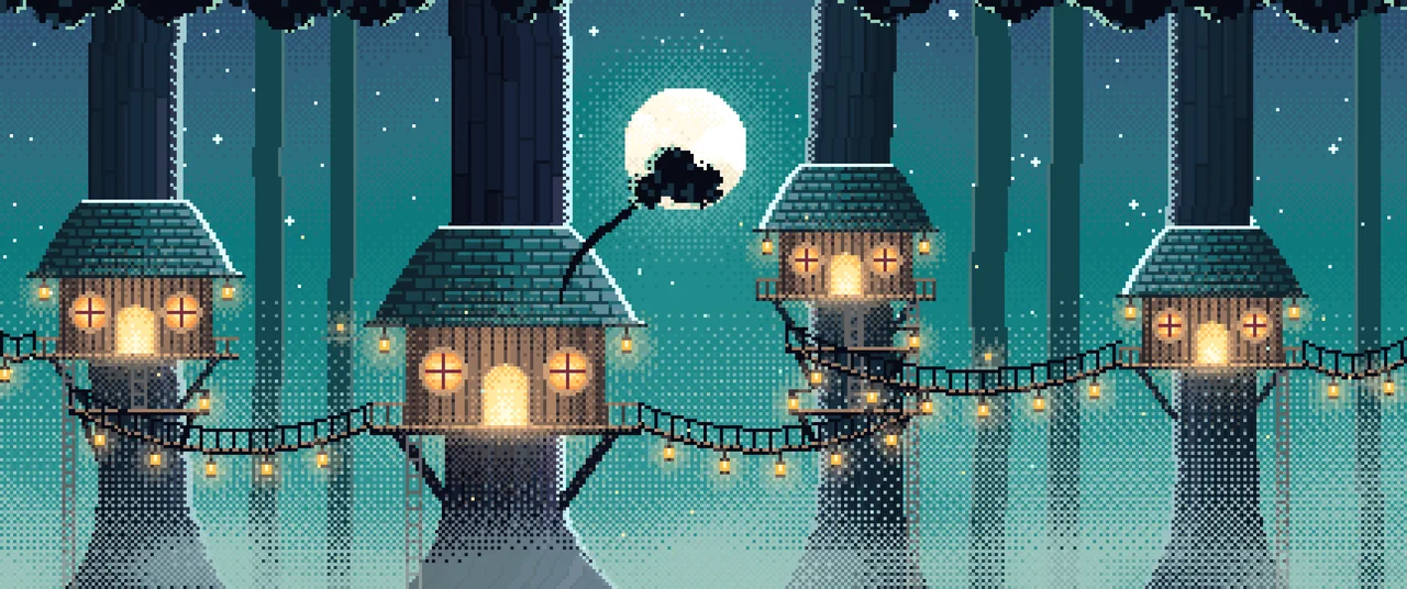 Teal Pixel Art Treehouse in a Fantasy Forest ultrawide wallpaper, 3440 × 1440