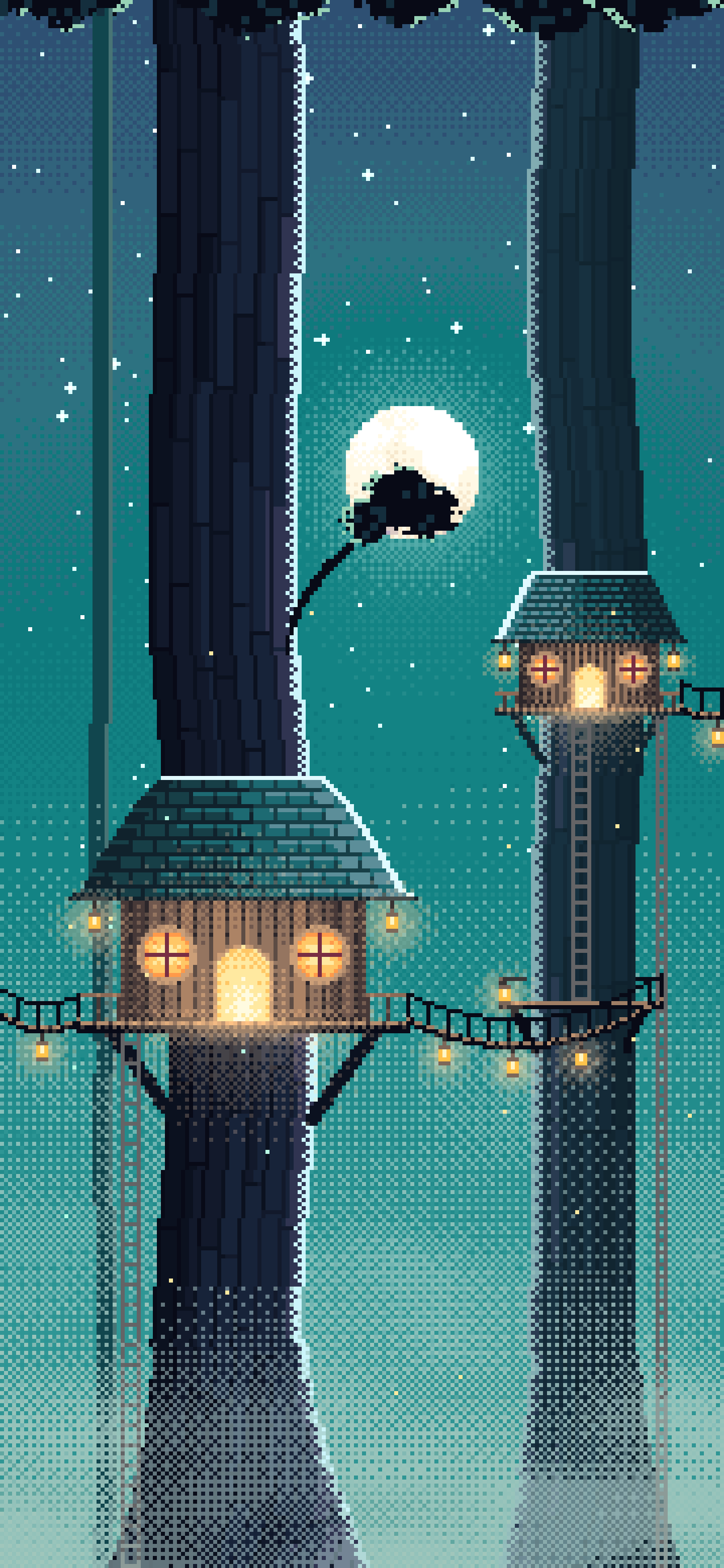 Teal Pixel Art Treehouse in a Fantasy Forest wallpaper for iPhone and Android