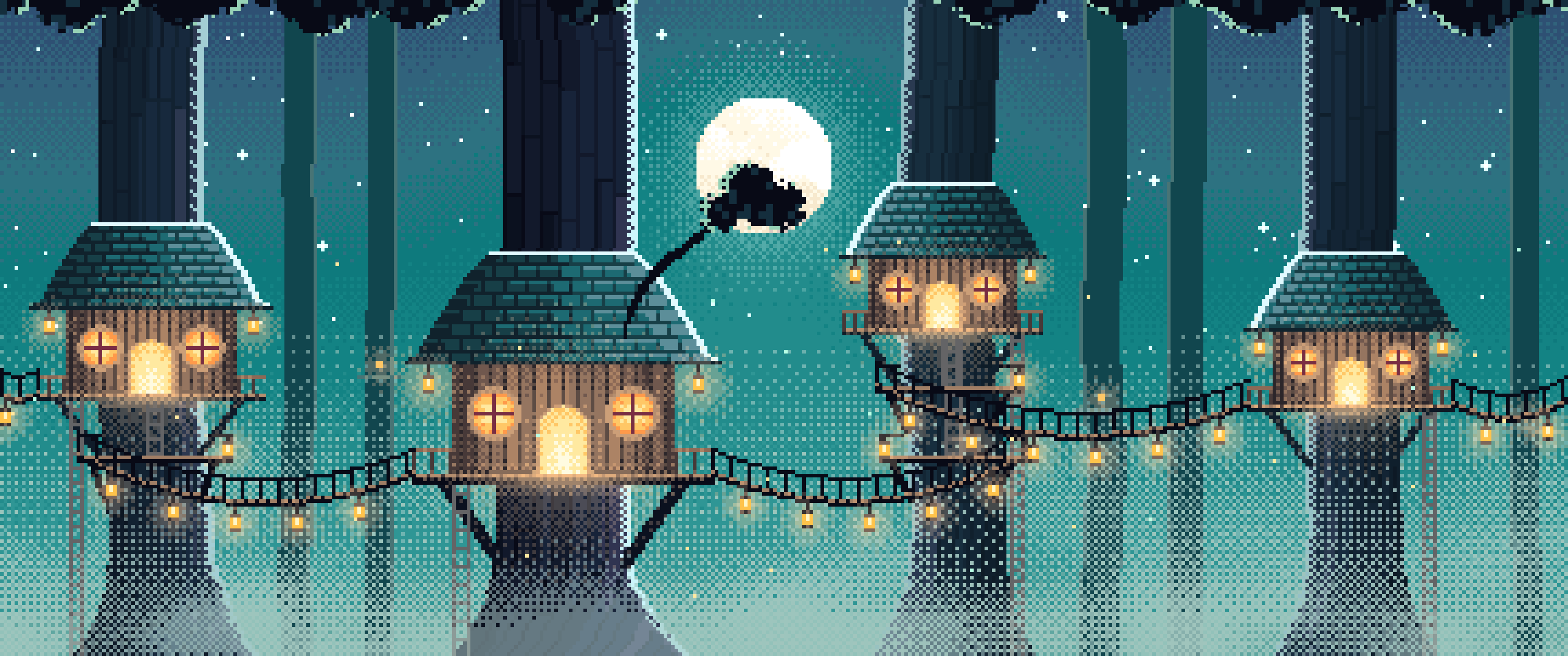 Teal Pixel Art Treehouse in a Fantasy Forest ultrawide wallpaper, 3440 × 1440