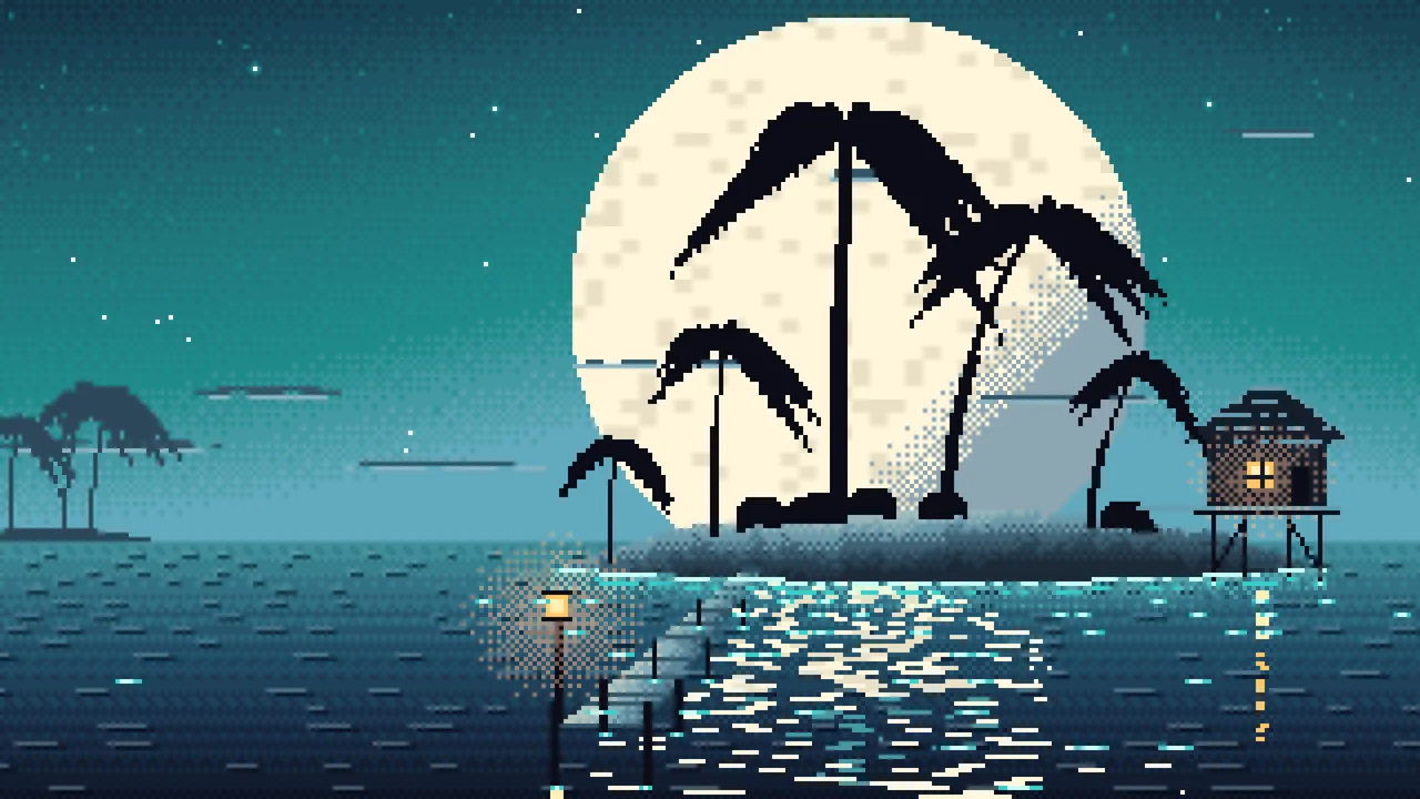 Teal Pixel Art Tropical Island at Night desktop wallpaper in 4K