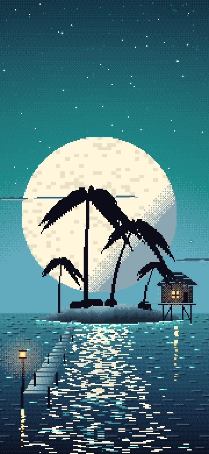 Teal Pixel Art Tropical Island at Night wallpaper for iPhone and Android