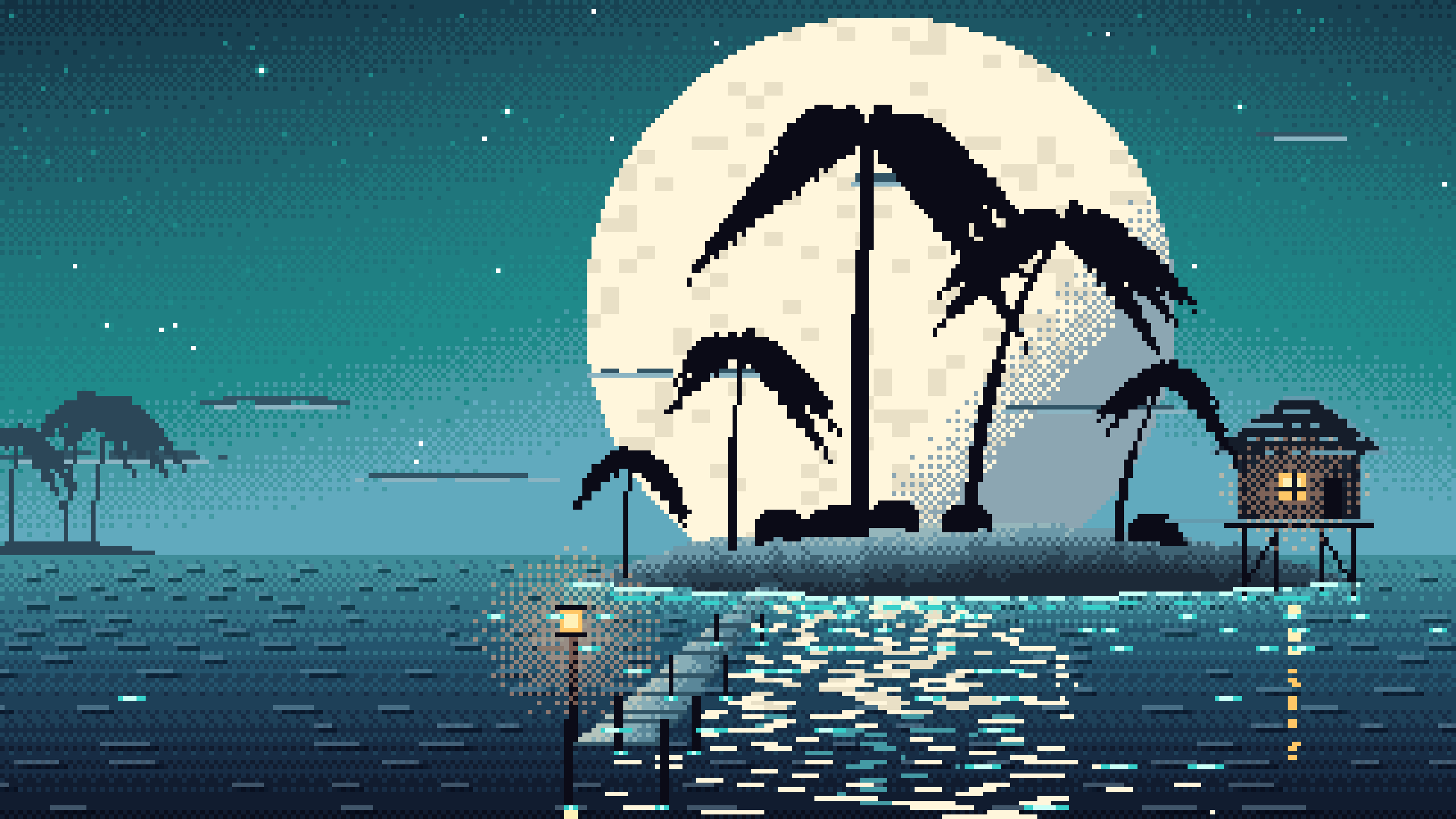 Teal Pixel Art Tropical Island at Night desktop wallpaper in 4K