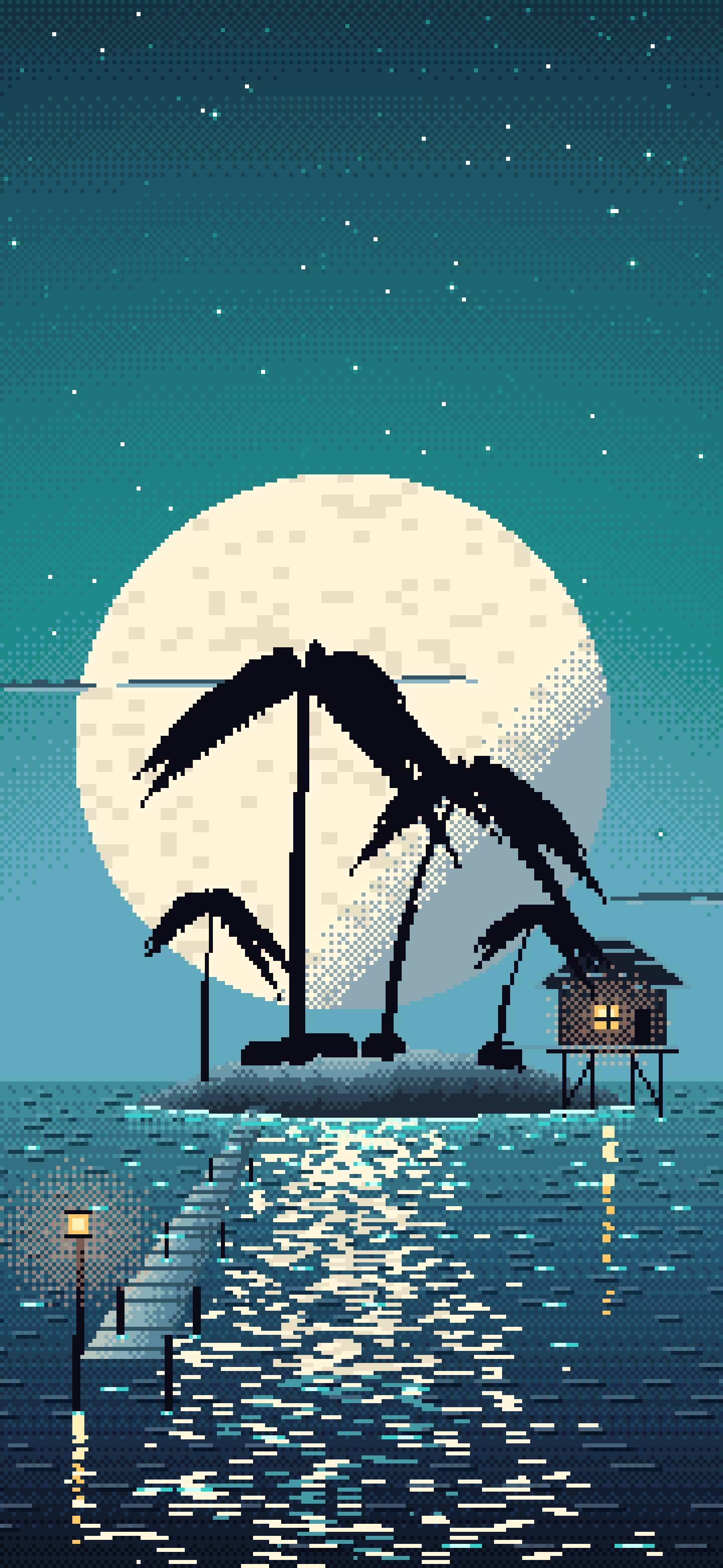 Teal Pixel Art Tropical Island at Night wallpaper for iPhone and Android