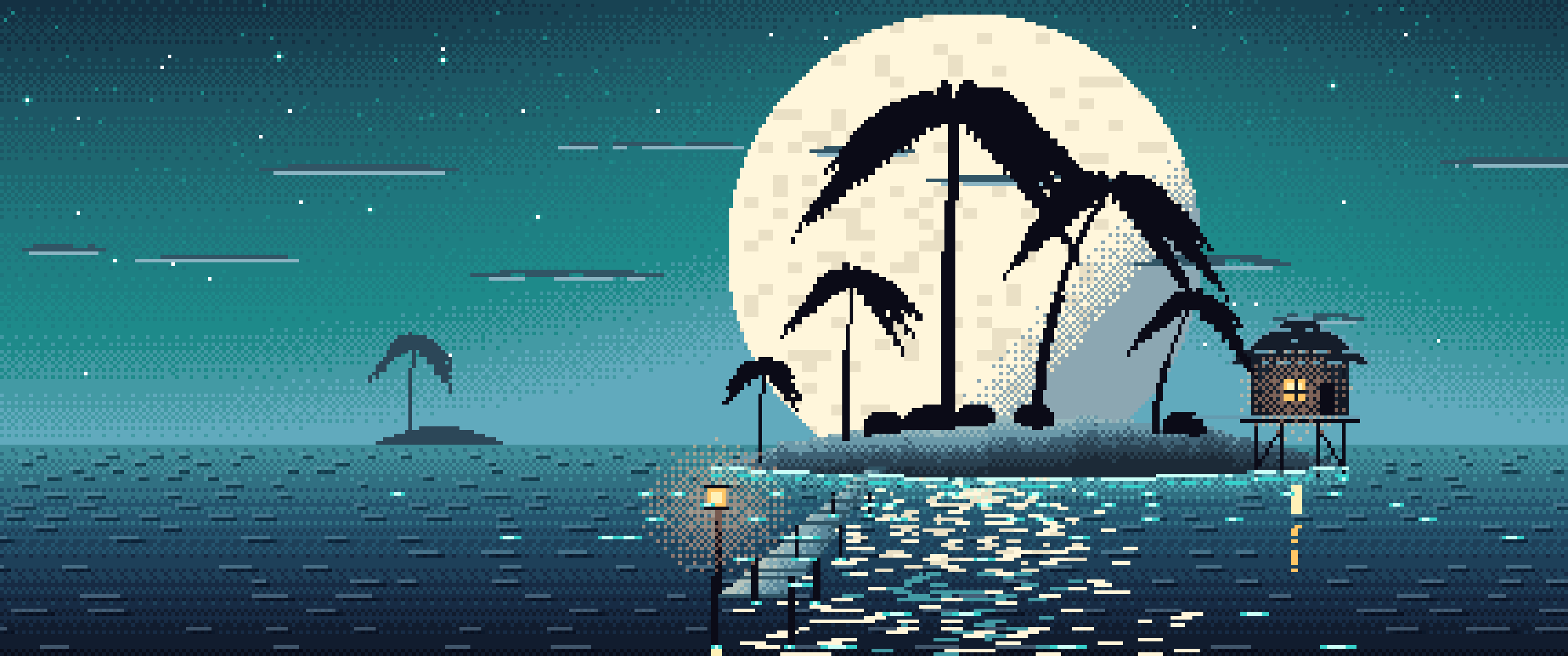 Teal Pixel Art Tropical Island at Night ultrawide wallpaper, 3440 × 1440