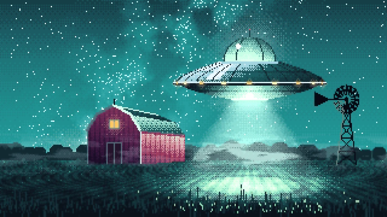 Teal Pixel Art UFO over a Farm at Night desktop wallpaper in 4K