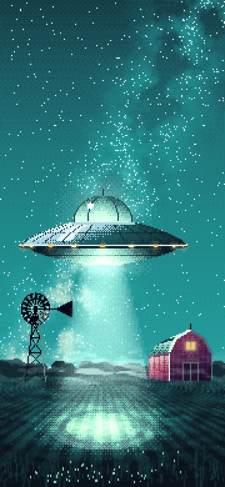Teal Pixel Art UFO over a Farm at Night wallpaper for iPhone and Android