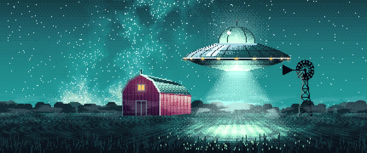Teal Pixel Art UFO over a Farm at Night ultrawide wallpaper, 3440 × 1440