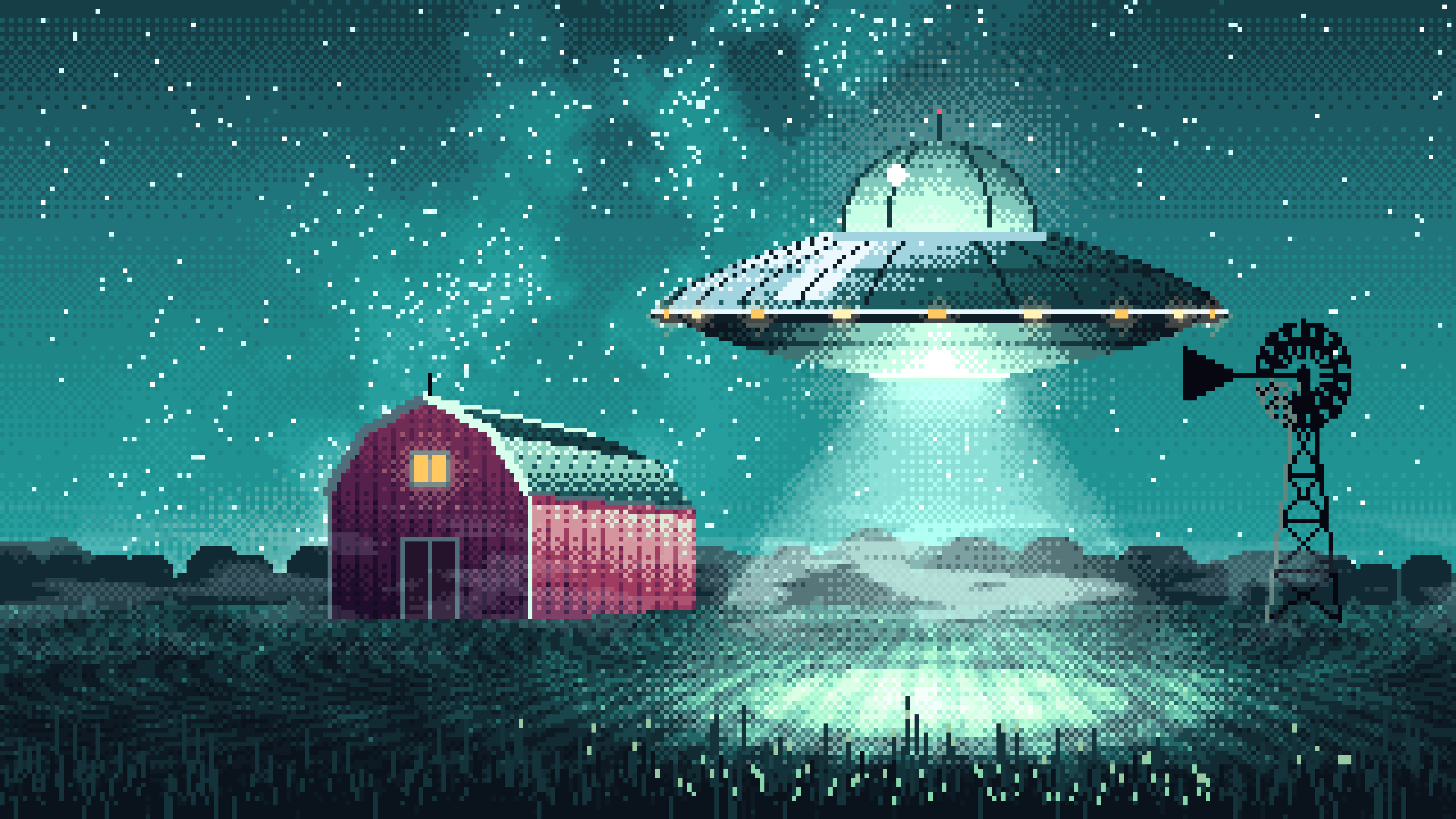 Teal Pixel Art UFO over a Farm at Night desktop wallpaper in 4K