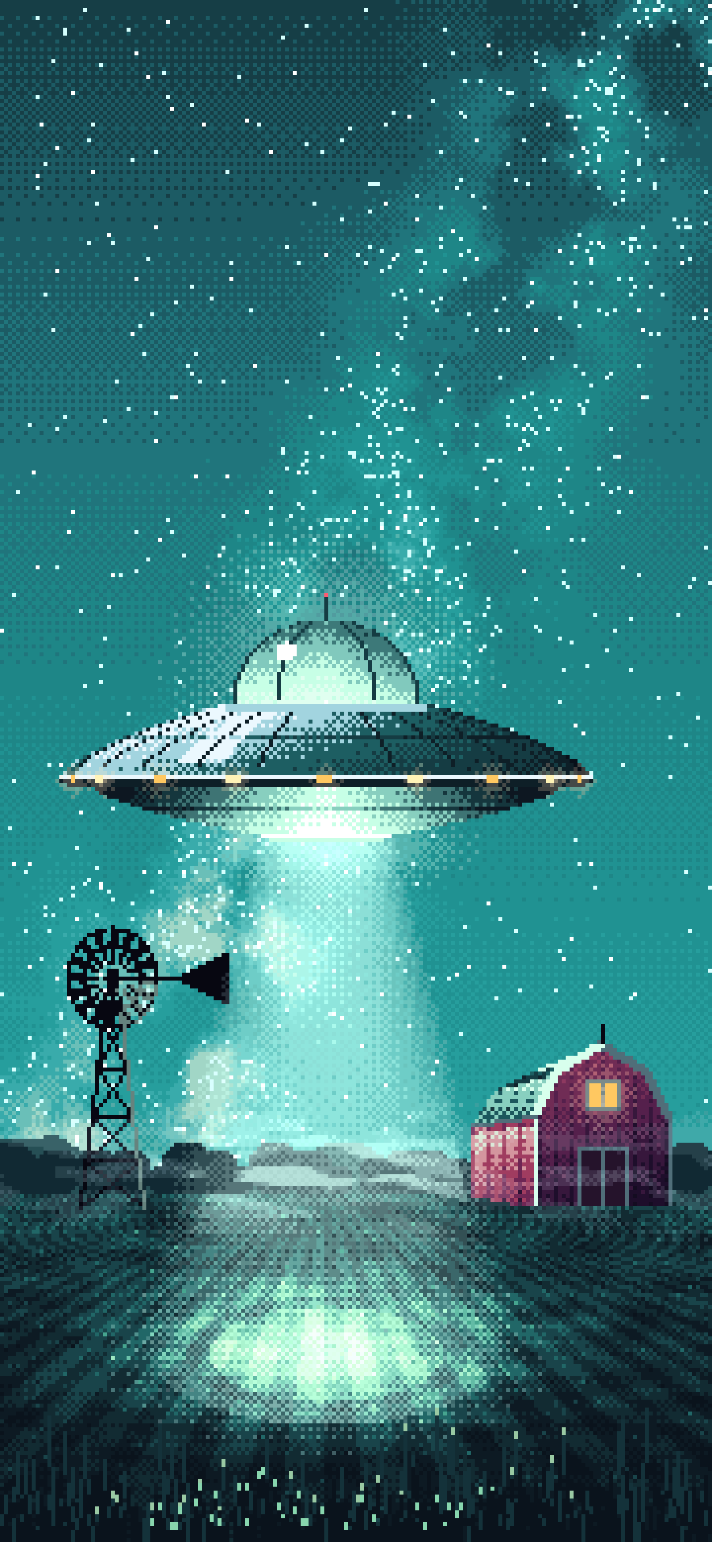 Teal Pixel Art UFO over a Farm at Night wallpaper for iPhone and Android
