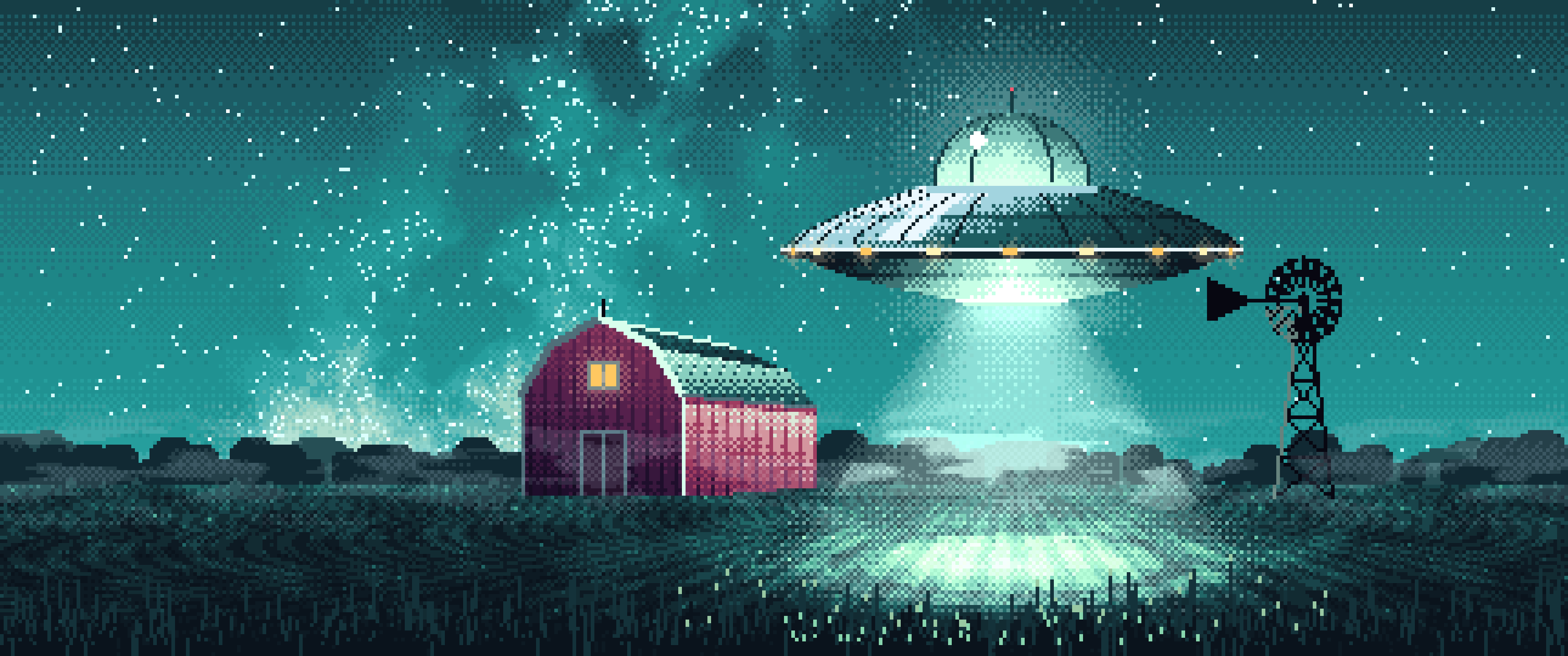 Teal Pixel Art UFO over a Farm at Night ultrawide wallpaper, 3440 × 1440
