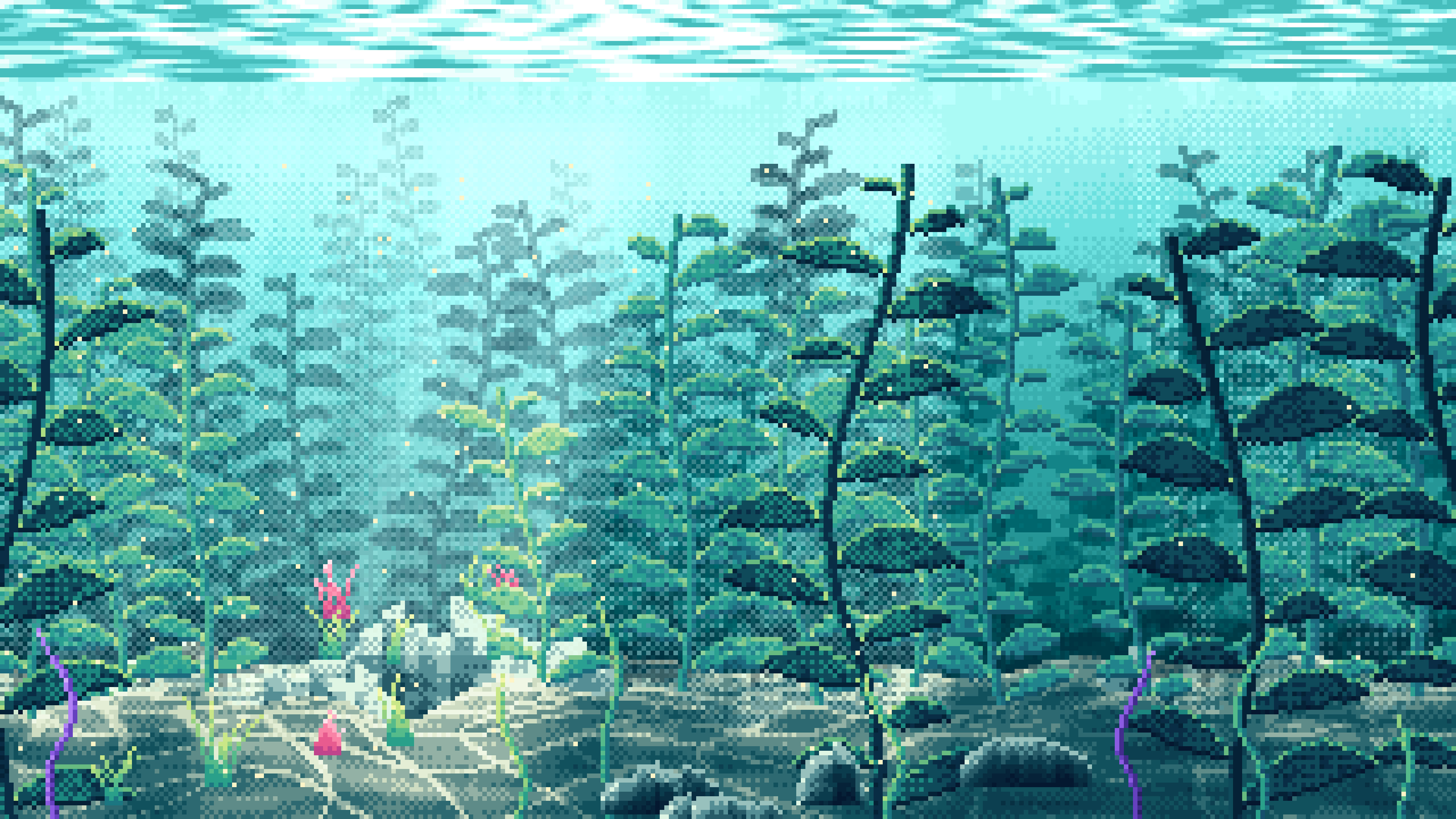 Teal Pixel Art Underwater Kelp Forest desktop wallpaper in 4K