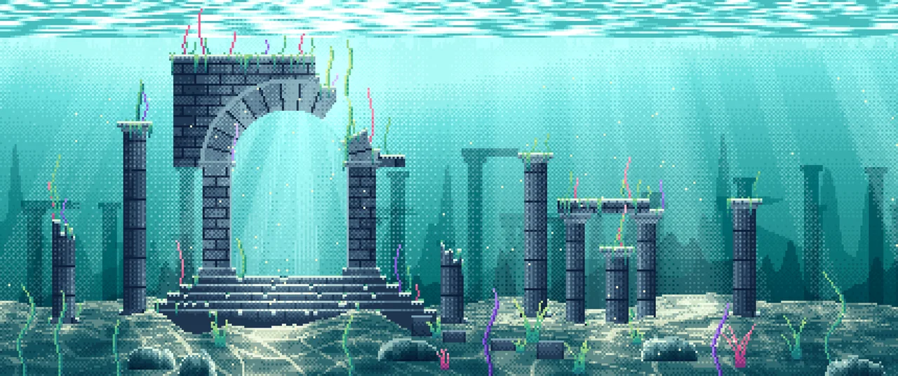 Teal Pixel Art Underwater Ruins ultrawide wallpaper, 3440 × 1440